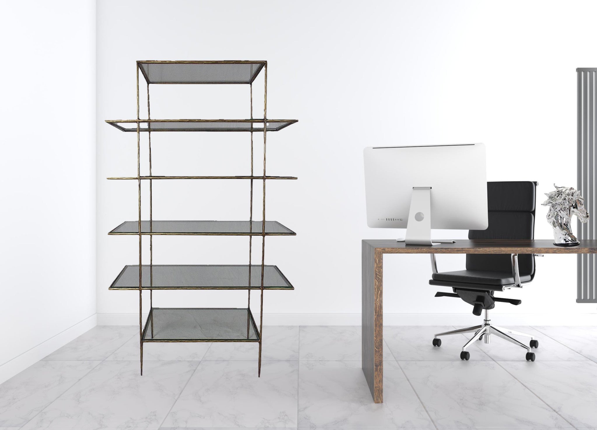 59" Brass Iron and Glass Five Tier Etagere Bookcase