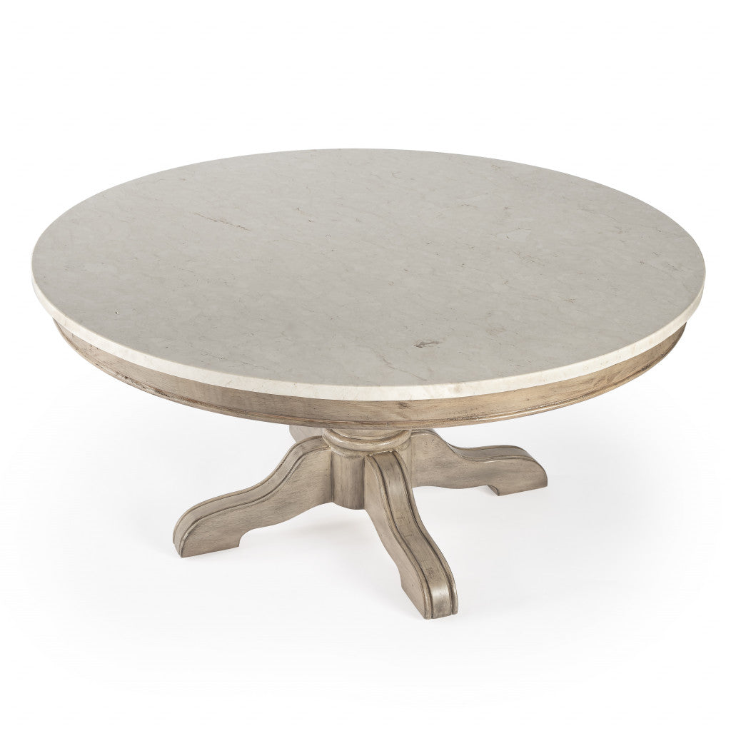 38" Off White and Beige Genuine Marble and Solid Wood Round Distressed Pedestal Coffee Table