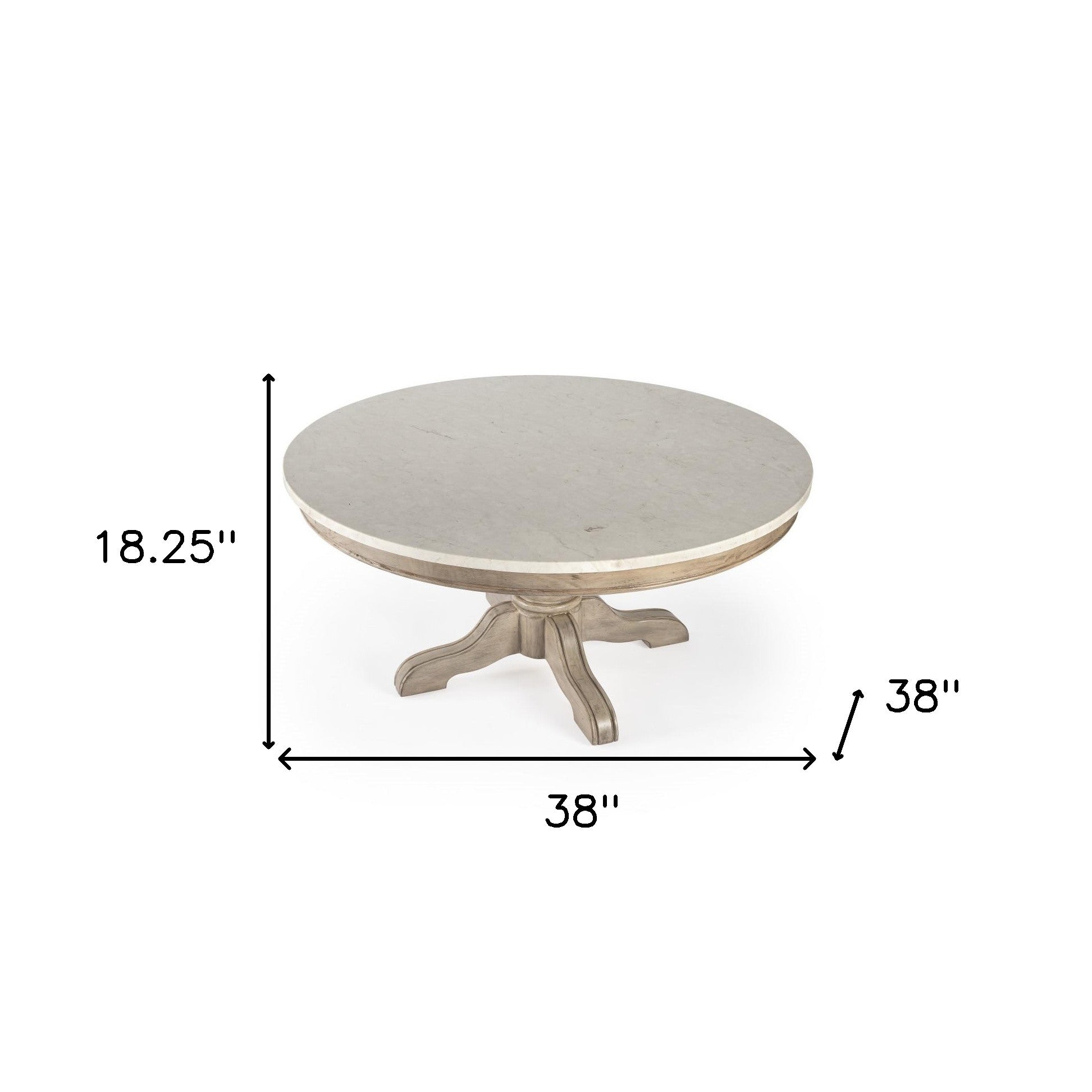 38" Off White and Beige Genuine Marble and Solid Wood Round Distressed Pedestal Coffee Table