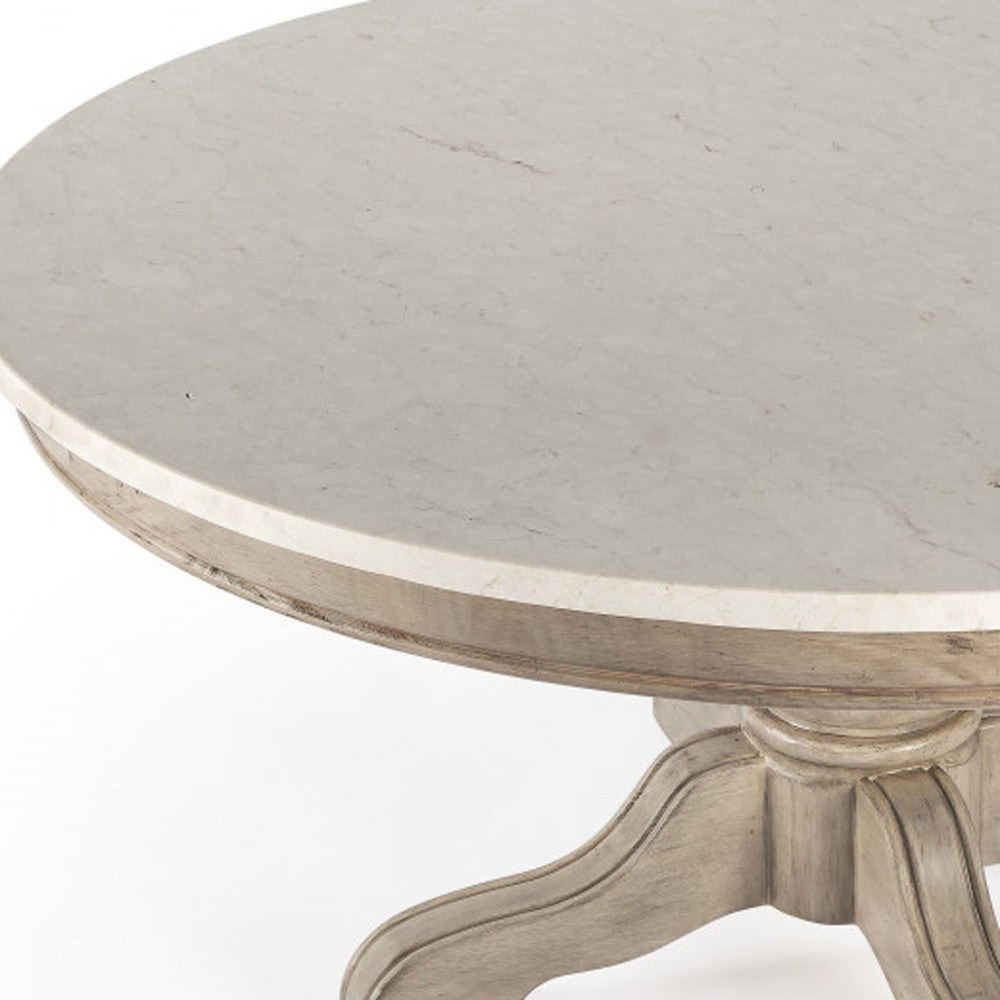38" Off White and Beige Genuine Marble and Solid Wood Round Distressed Pedestal Coffee Table