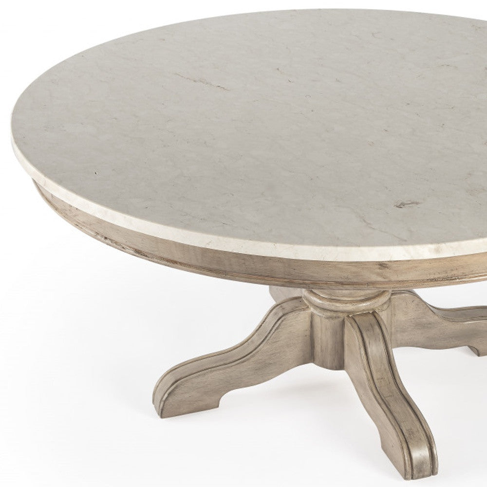 38" Off White and Beige Genuine Marble and Solid Wood Round Distressed Pedestal Coffee Table