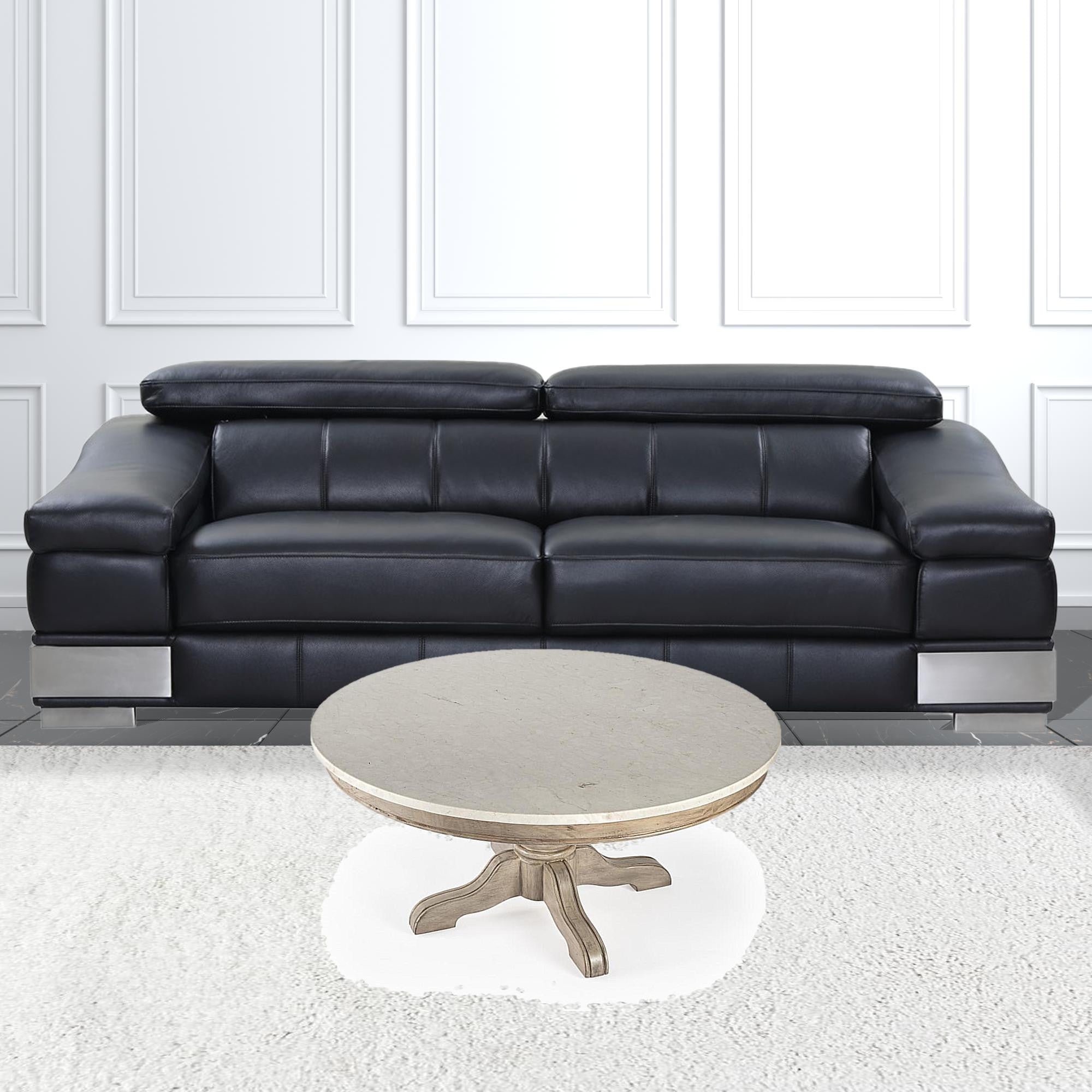 38" Off White and Beige Genuine Marble and Solid Wood Round Distressed Pedestal Coffee Table