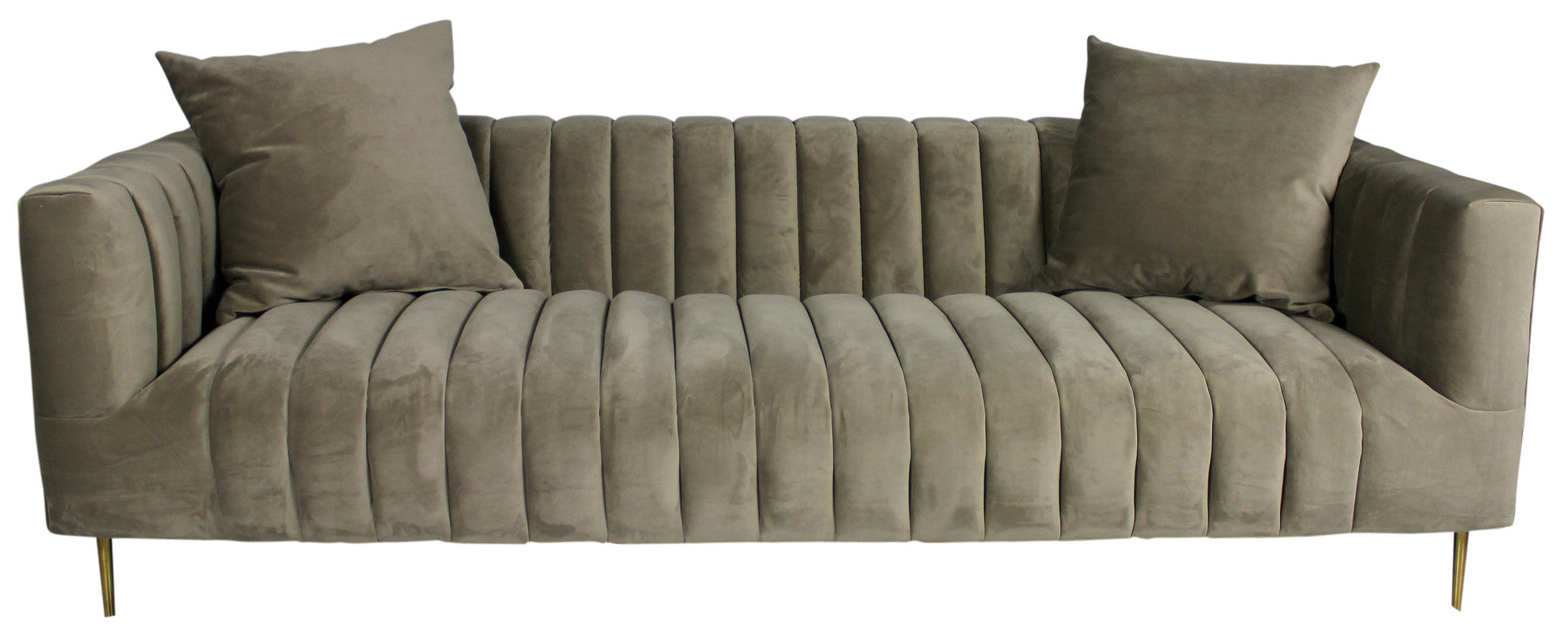 90" Gray Brown Velvet And Gold Sofa And Toss Pillows