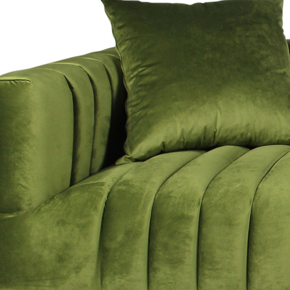 90" Moss Green Velvet And Gold Sofa With Two Toss Pillows