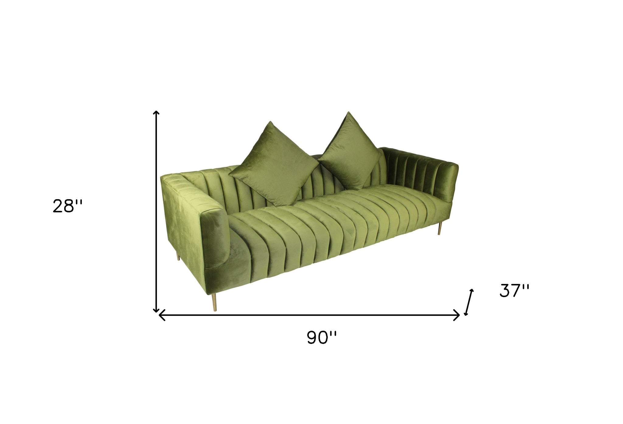 90" Olive Green Velvet Sofa And Toss Pillows With Gold Legs