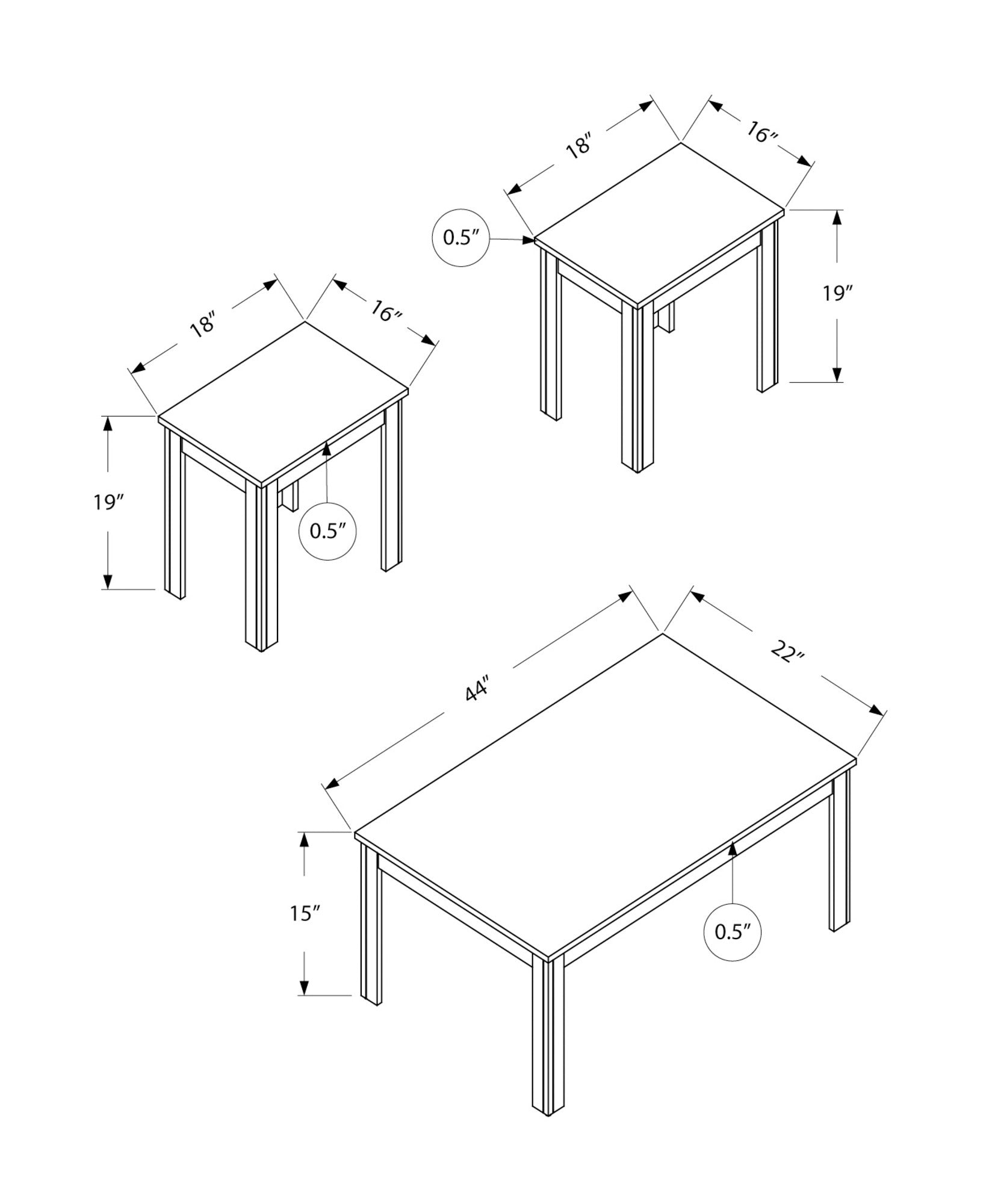 Set of Three 44" Dark Brown Coffee Table