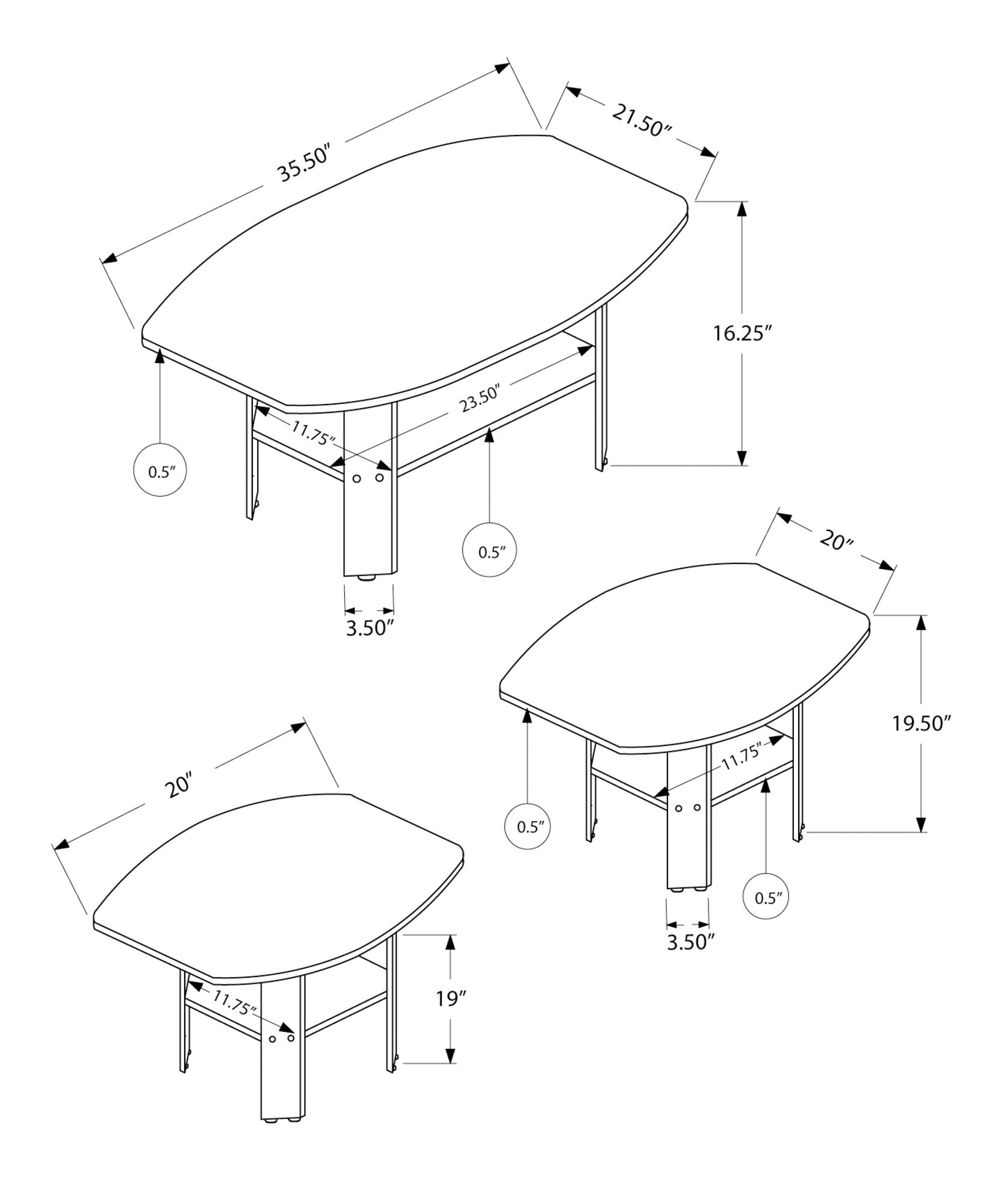 Set of Three 36" Espresso Coffee Table With Three Shelves