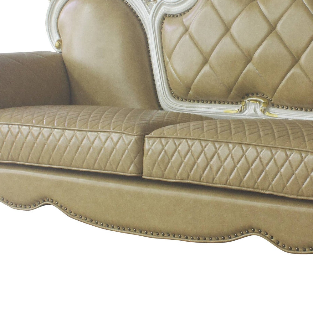 93" Butterscotch Faux Leather And Pearl Sofa With Five Toss Pillows