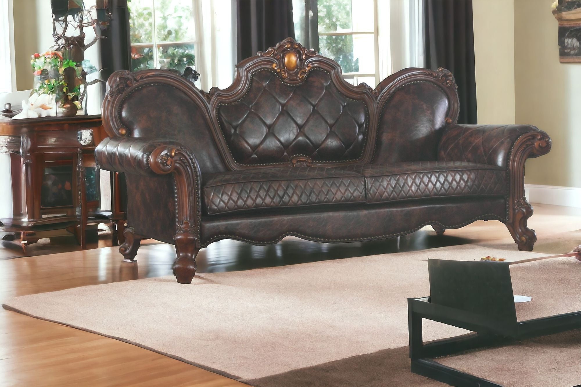 93" Dark Brown Faux Leather Sofa With Three Toss Pillows