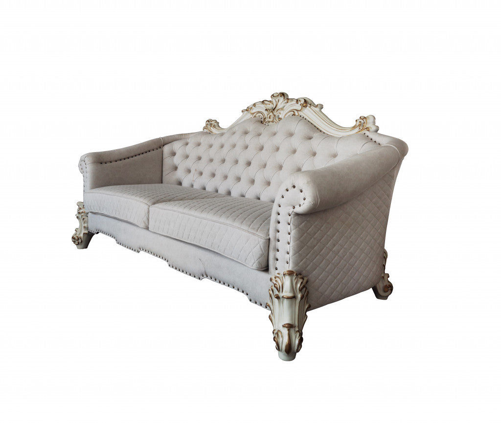 89" Ivory Velvet And Pearl Sofa With Six Toss Pillows