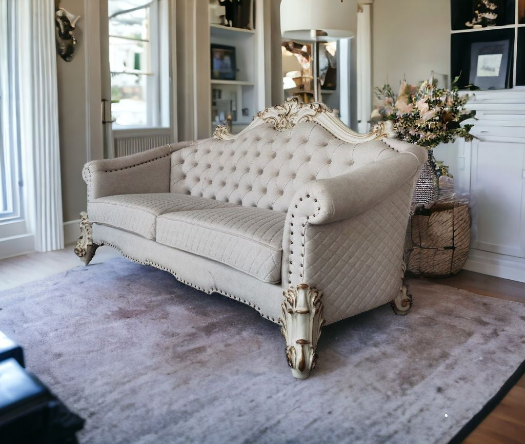 89" Ivory Velvet And Pearl Sofa With Six Toss Pillows