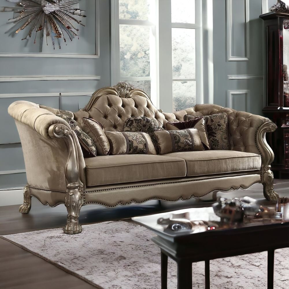 96" Bone Velvet Sofa And Toss Pillows With Gold Legs