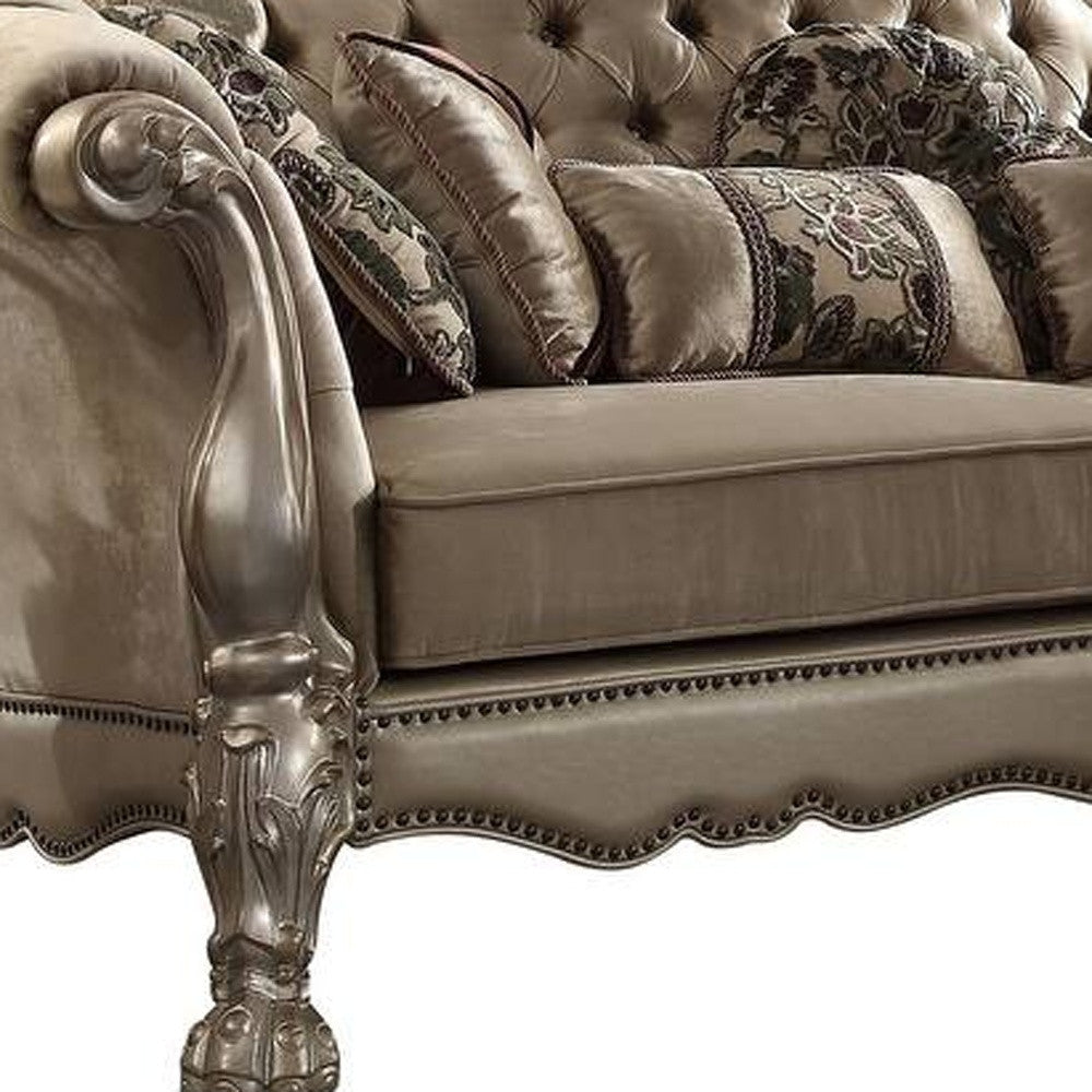 96" Bone Polyurethane, Velvet And Gold Sofa With Seven Toss Pillows