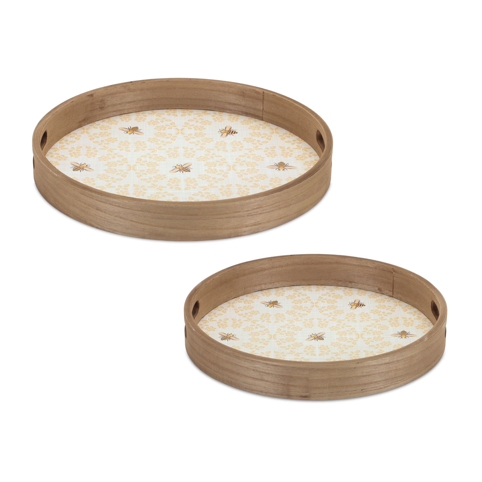Set of Two Yellow Round Solid Wood Serving Tray With Handles