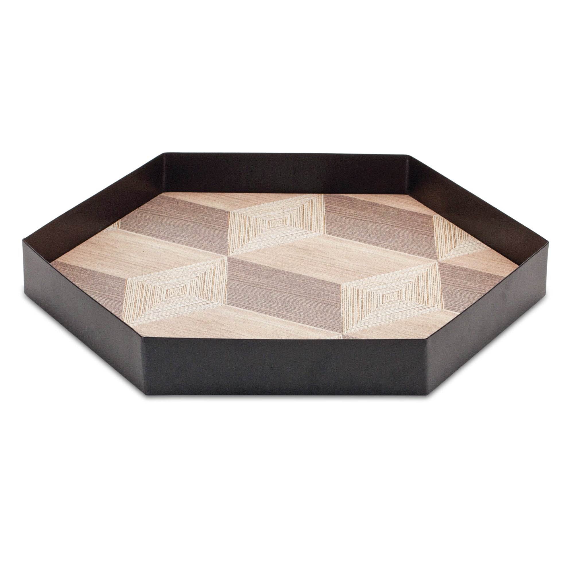 Set Of Three 12" Natural and Black Hexagon Trays