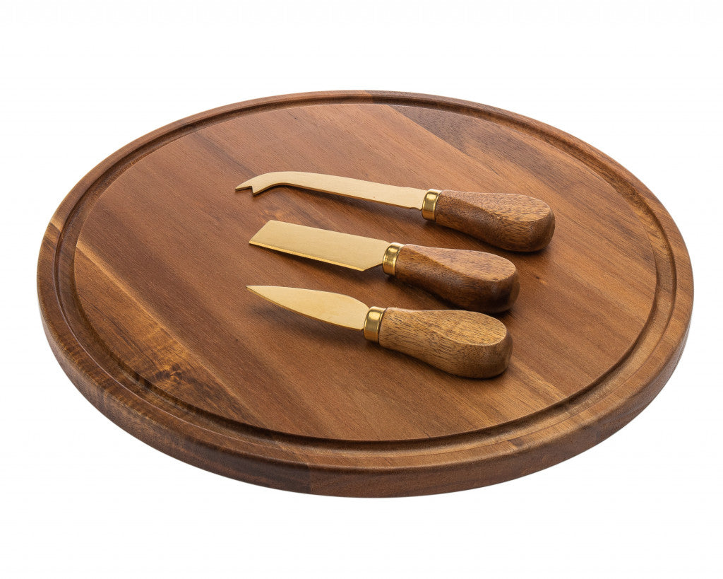 Set Of 12" Brown Round Solid Wood Cheese Board Cheese Knives And Tools Included