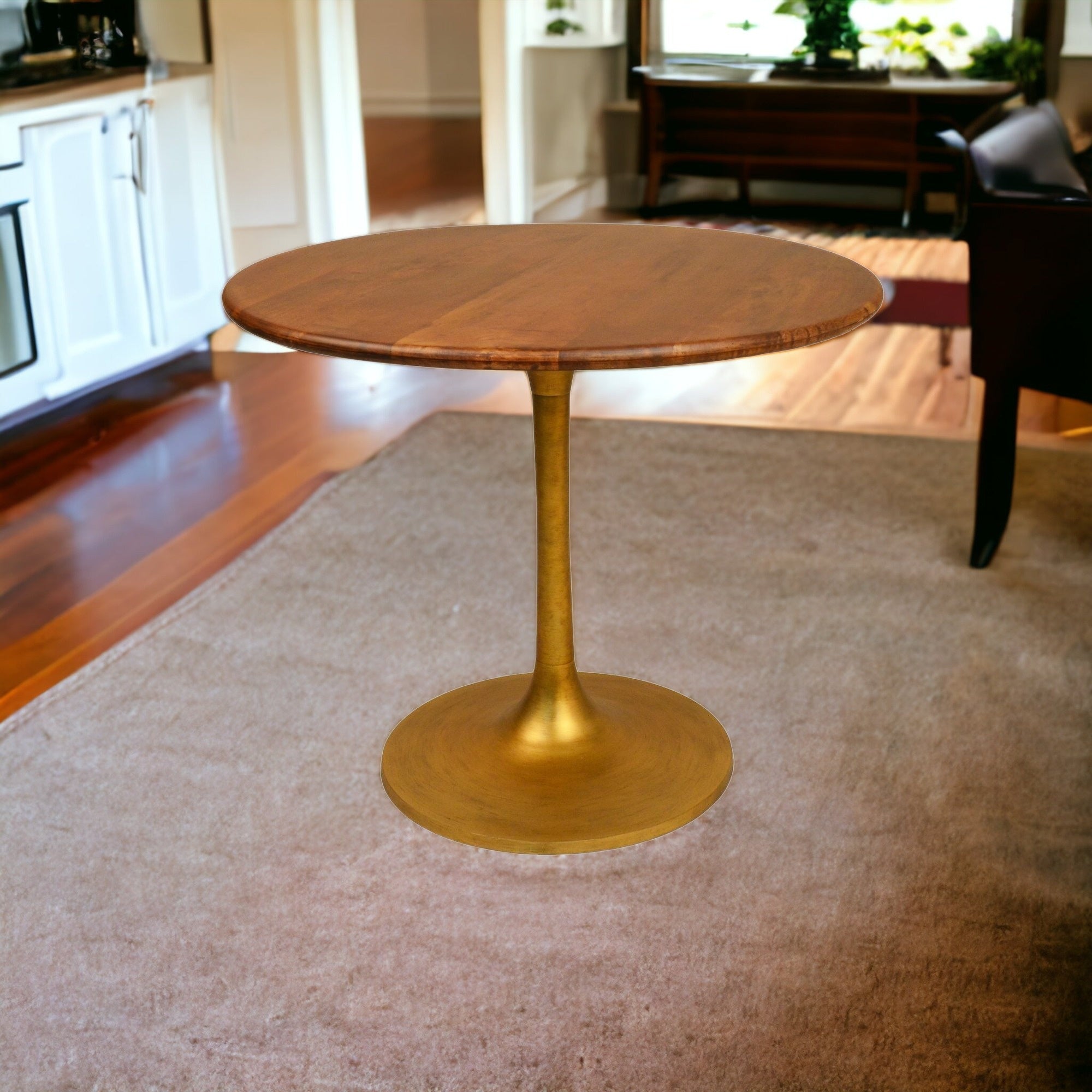 36" Brown And Gold Rounded Solid Wood And Iron Pedestal Base Dining Table