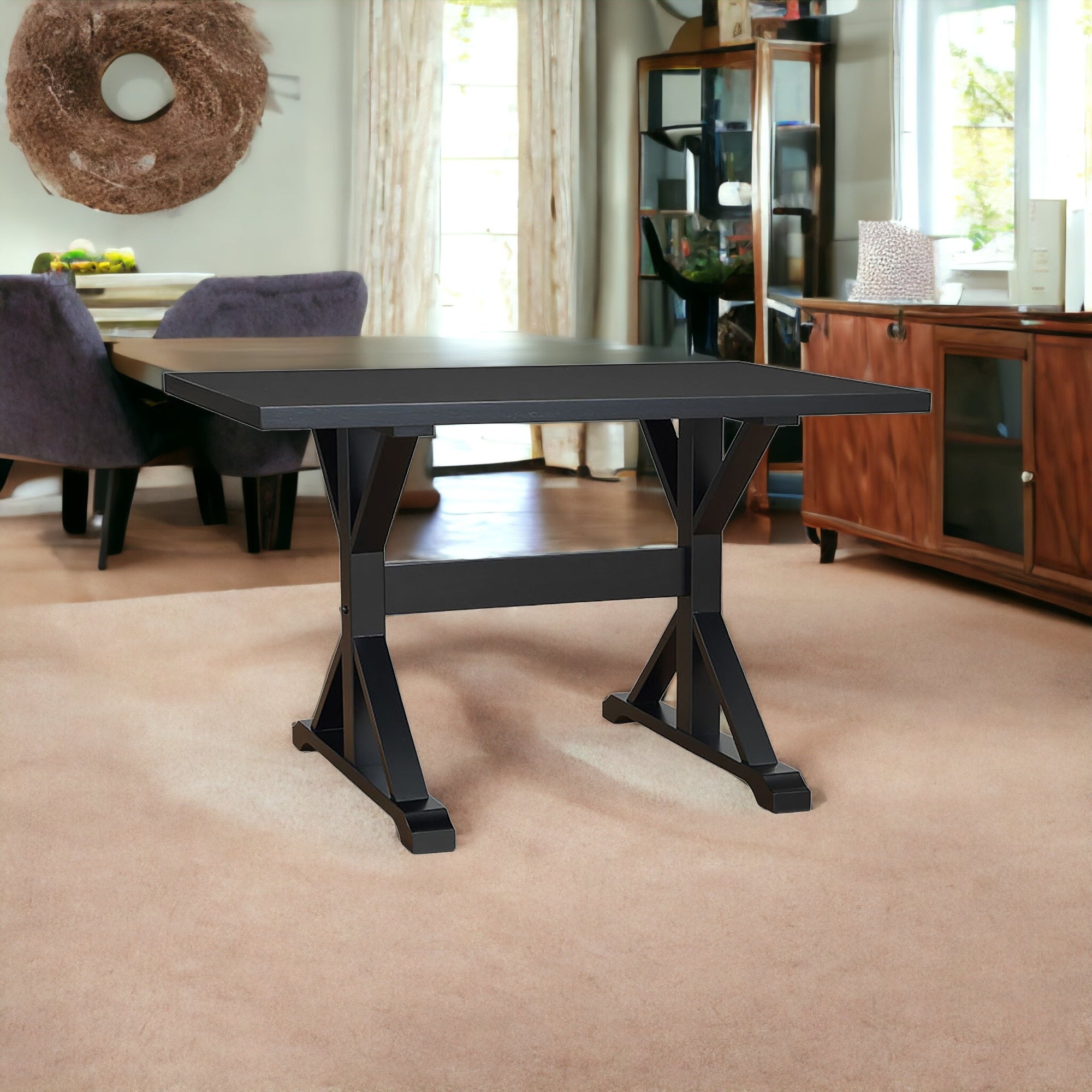 48" Black Solid Wood Trestle Base Dining Table