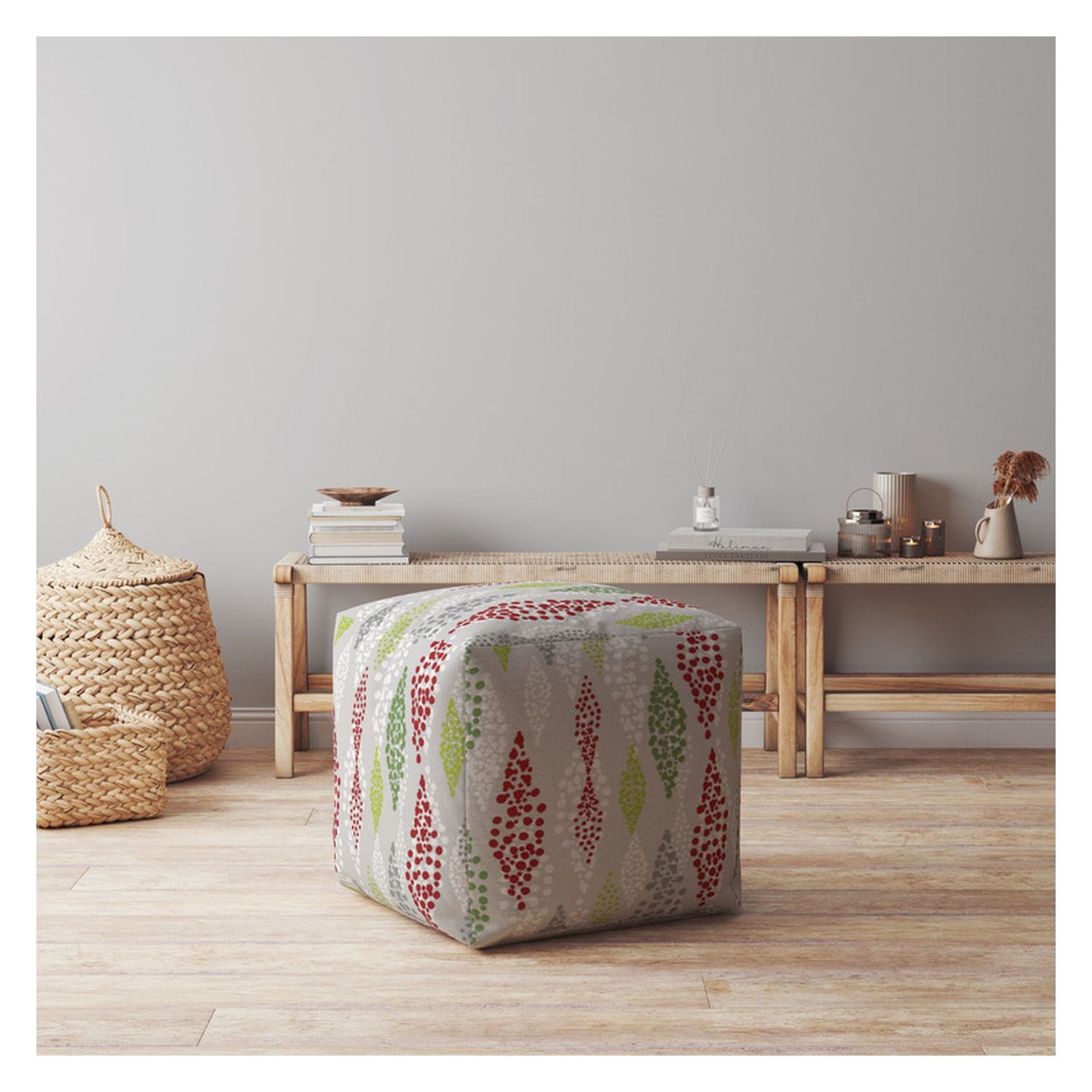 17" Ivory Cotton Polka Dots Pouf Ottoman