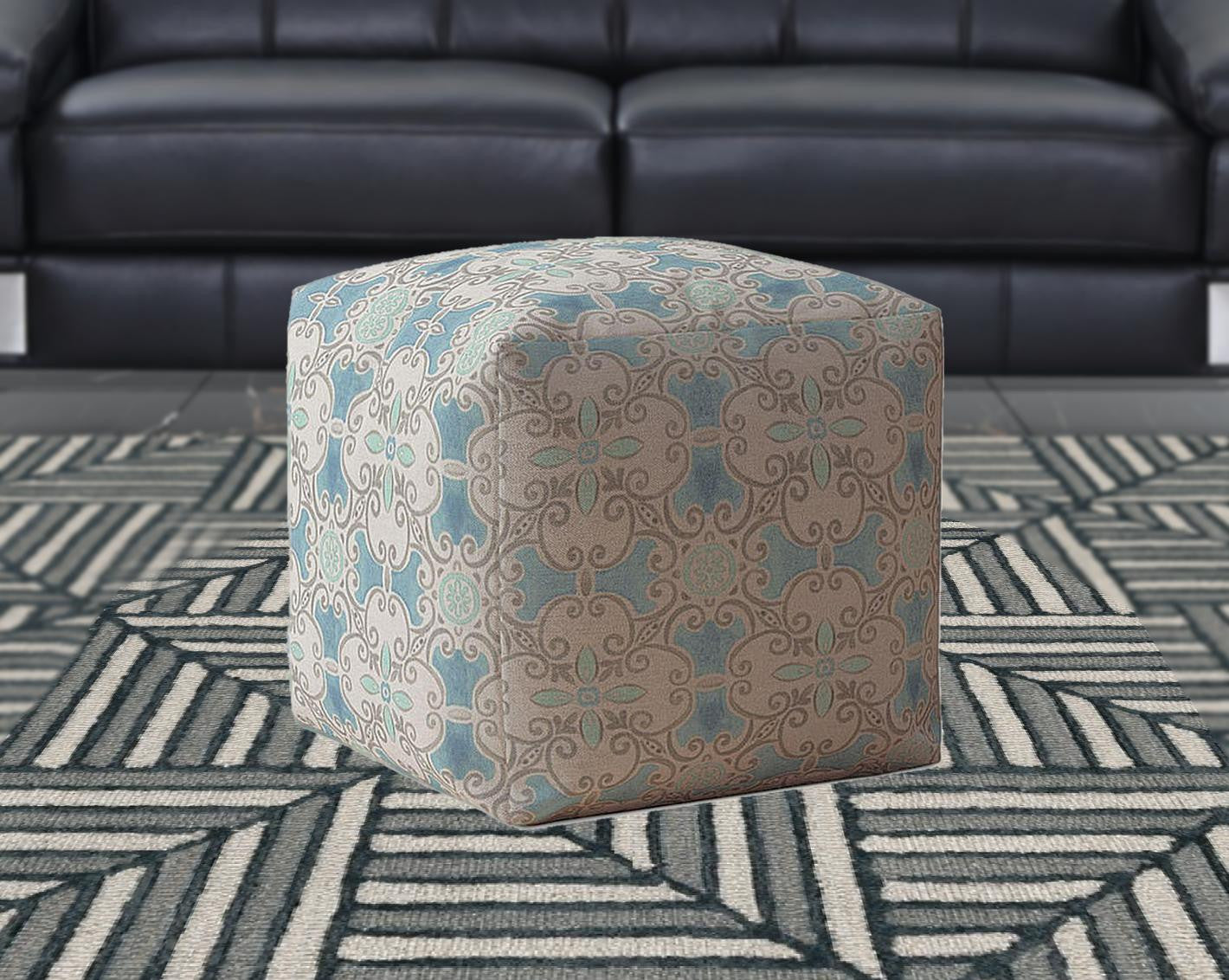 17" Blue Cotton Ikat Pouf Ottoman