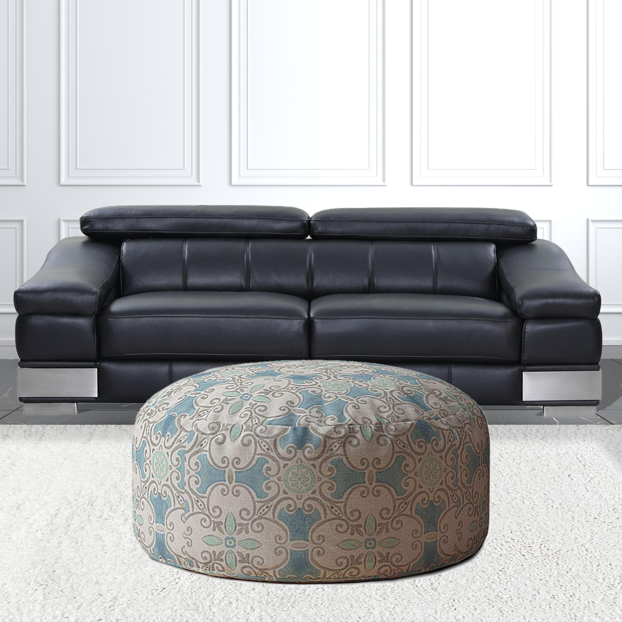 24" Blue Cotton Round Ikat Pouf Ottoman