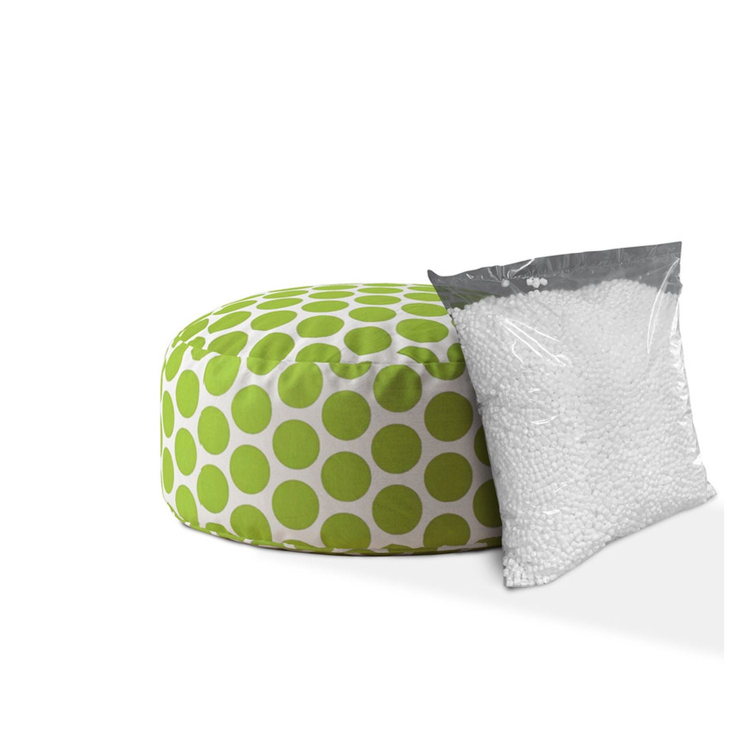 24" Green and White Cotton Round Polka Dots Pouf Ottoman