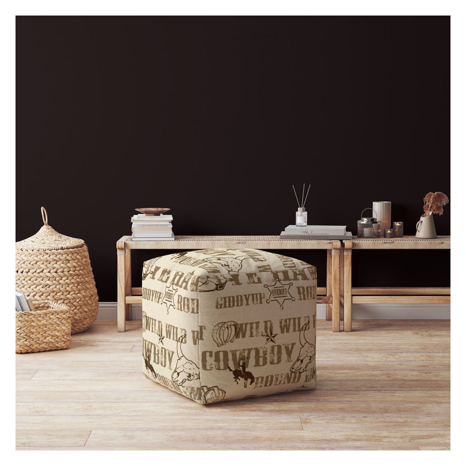 17" Brown Cotton Animal Print Pouf Ottoman