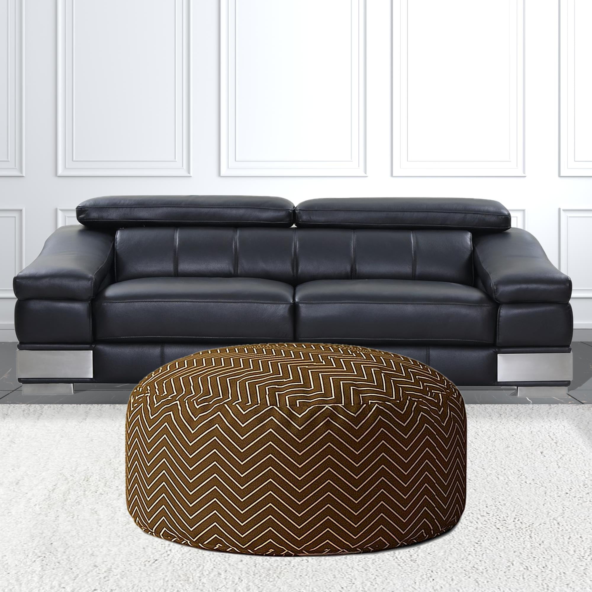 24" Brown Cotton Round Chevron Pouf Ottoman