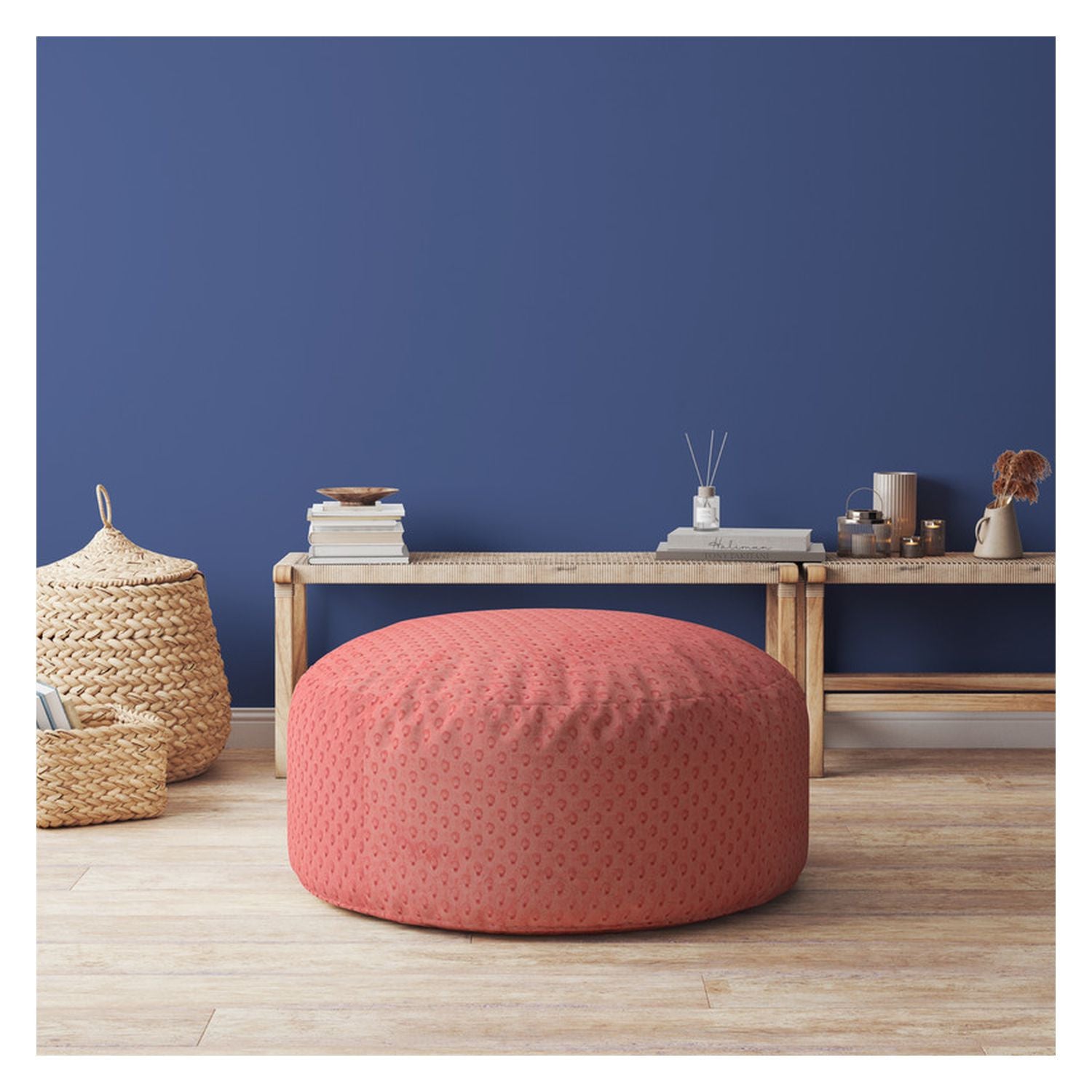 24" Coral Polyester Round Pouf Ottoman