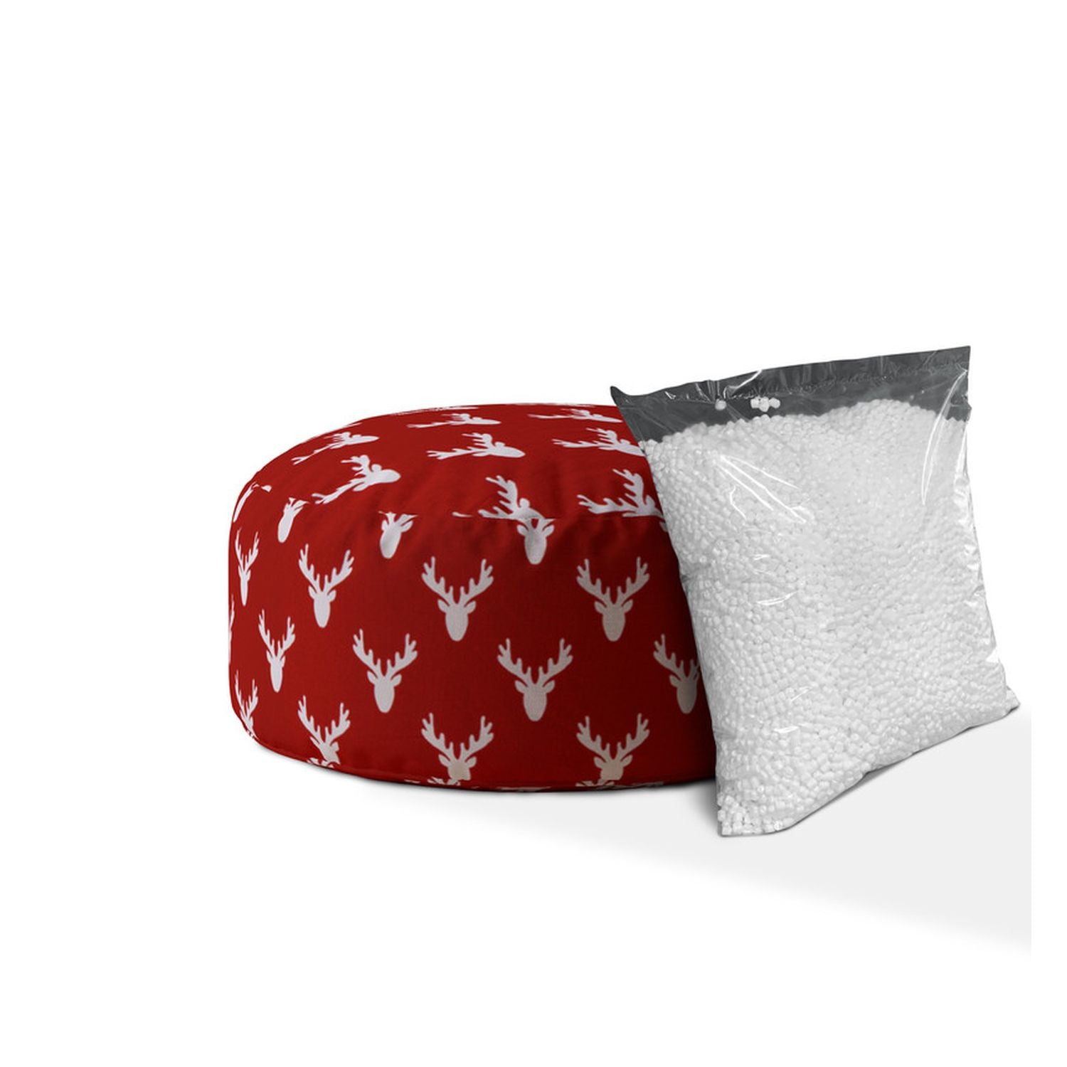 24" Red and White Cotton Round Stag Pouf Ottoman