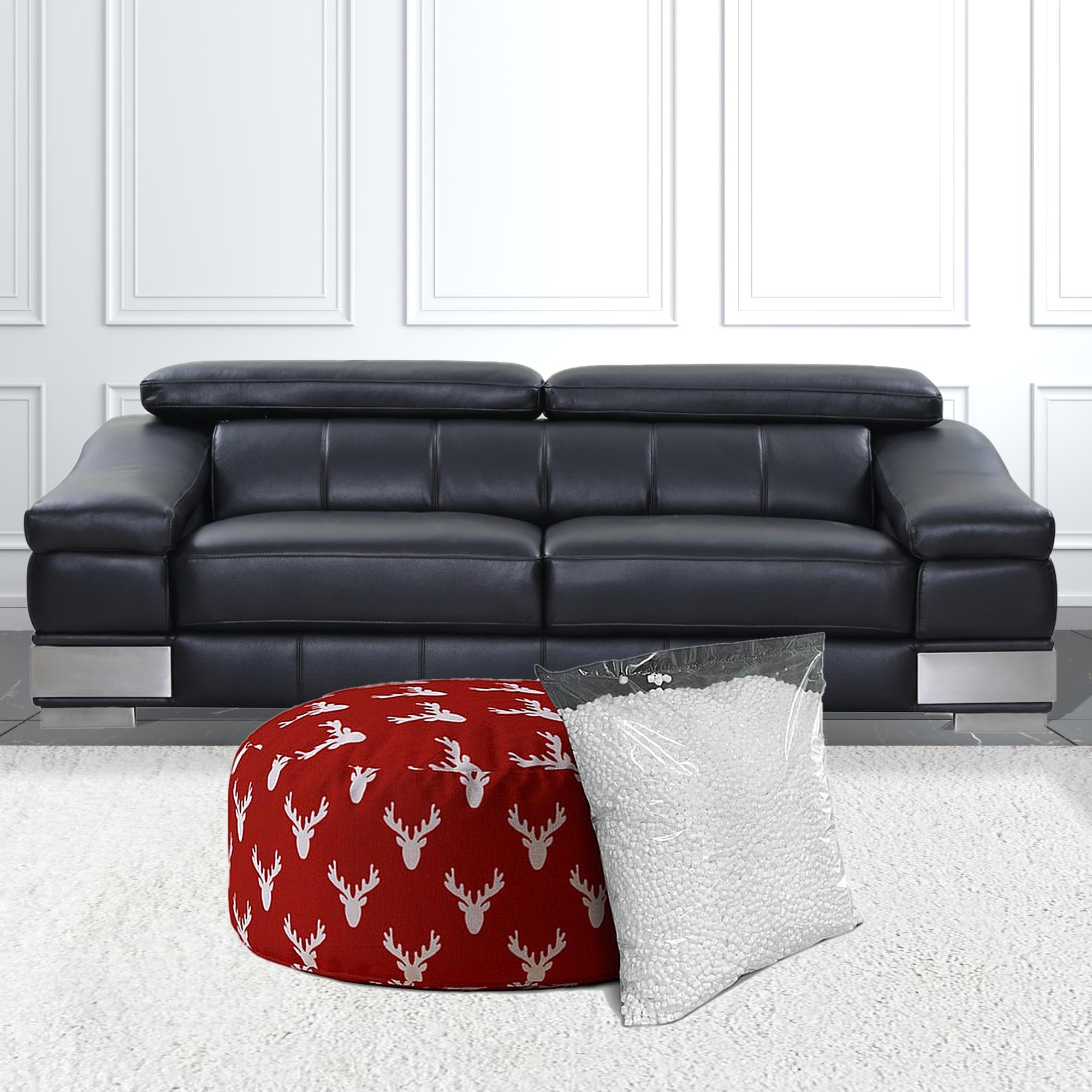 24" Red and White Cotton Round Stag Pouf Ottoman