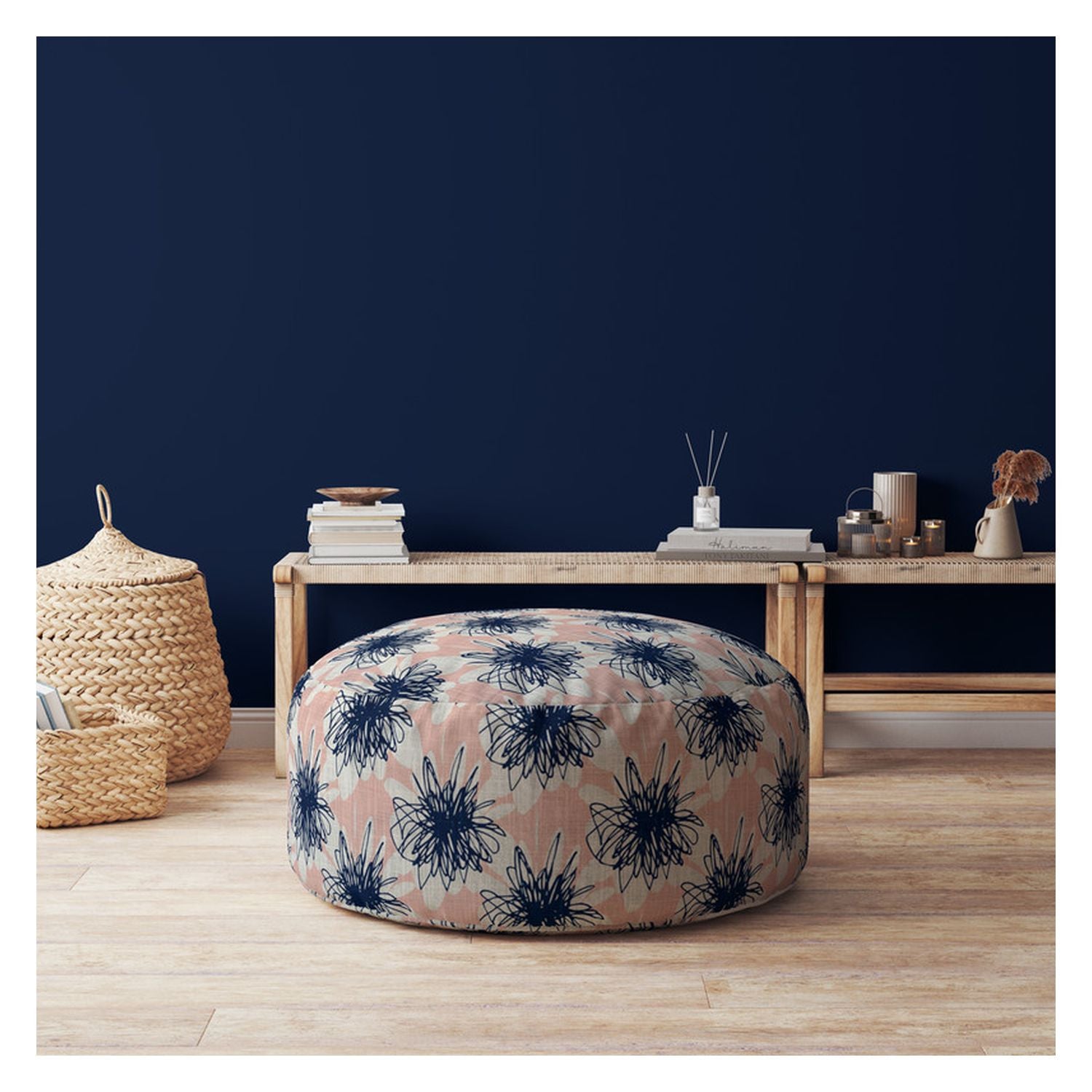 24" Pink and Blue Canvas Round Floral Pouf Ottoman