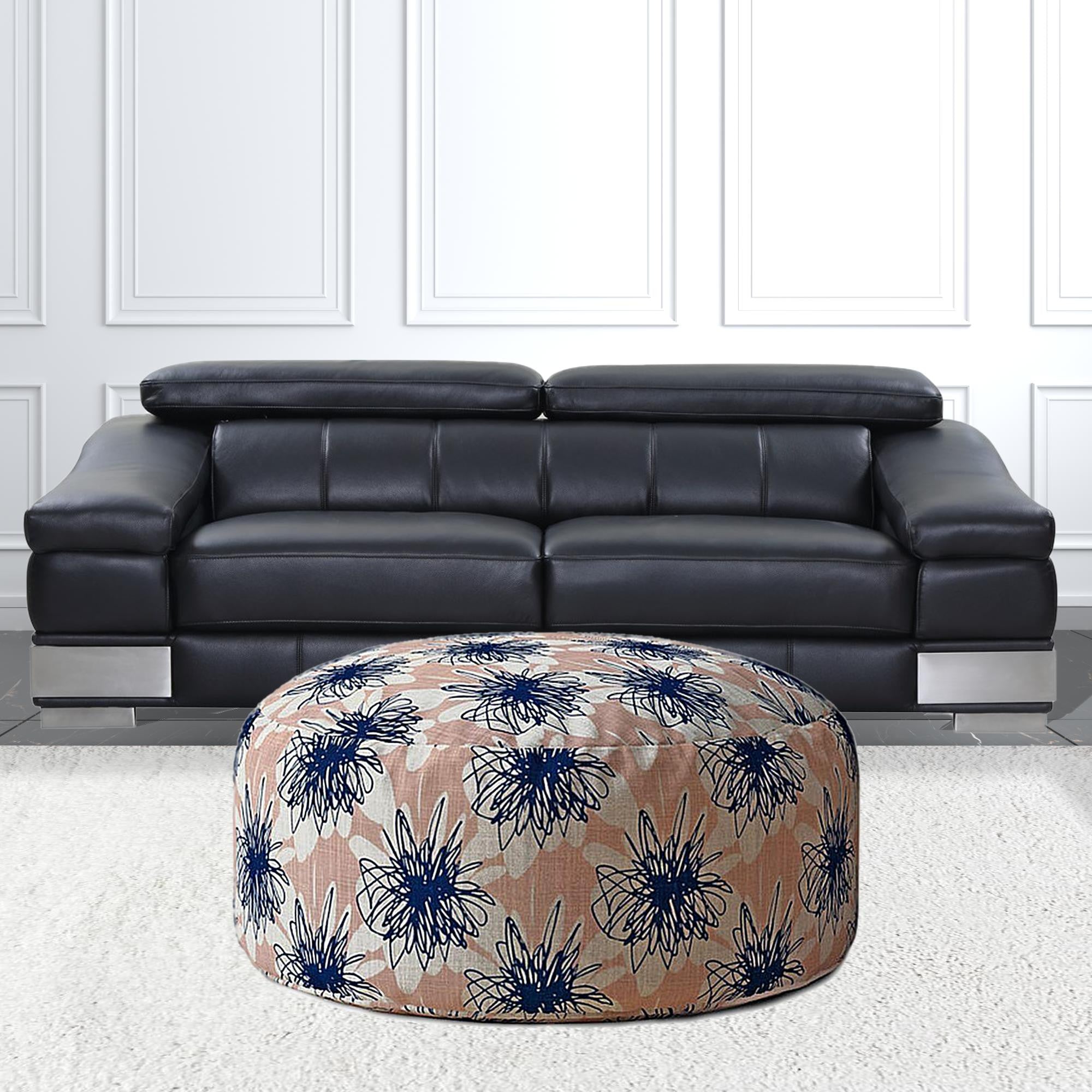 24" Pink and Blue Canvas Round Floral Pouf Ottoman