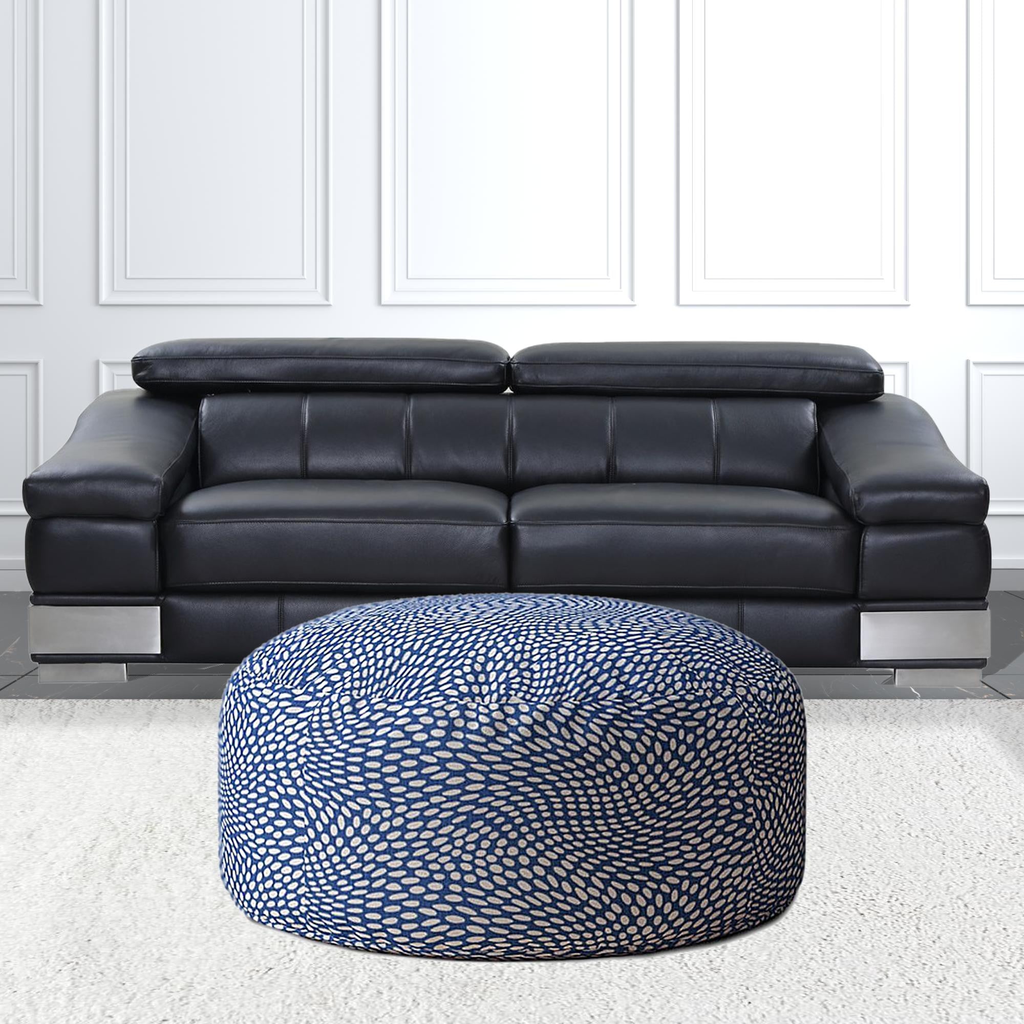 24" Blue and White Canvas Round Polka Dots Pouf Ottoman