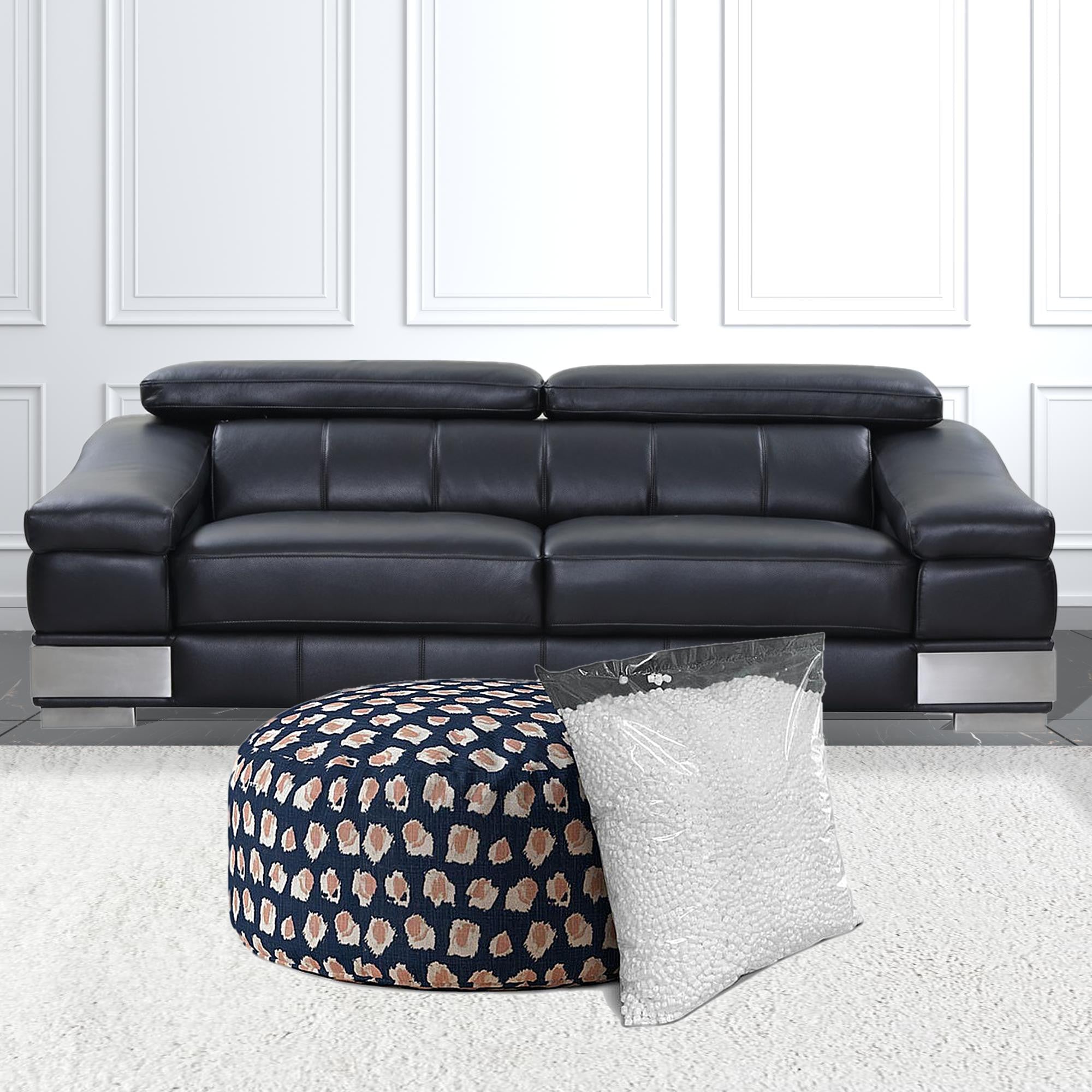 24" Blue Canvas Round Abstract Pouf Ottoman