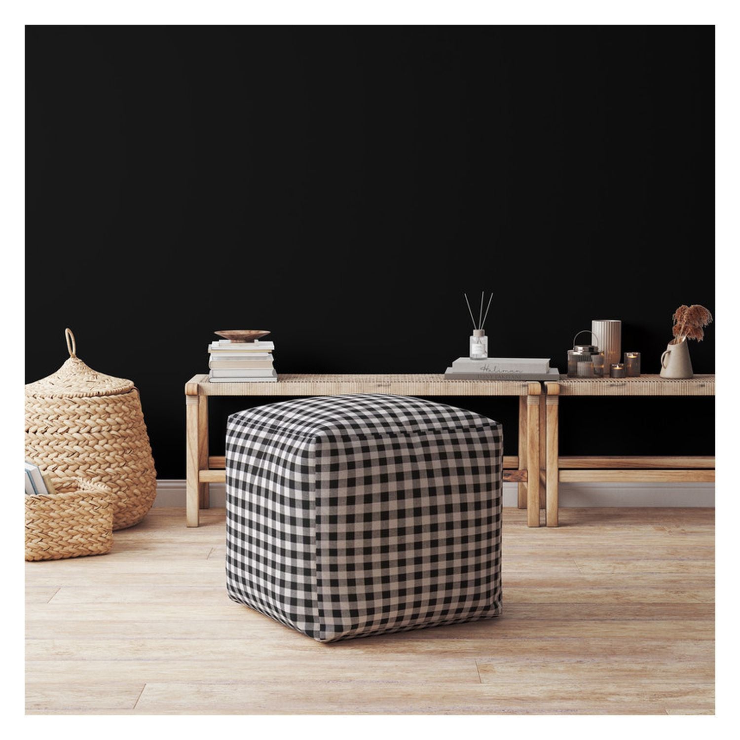 17" Gray and Black Cotton Gingham Pouf Ottoman