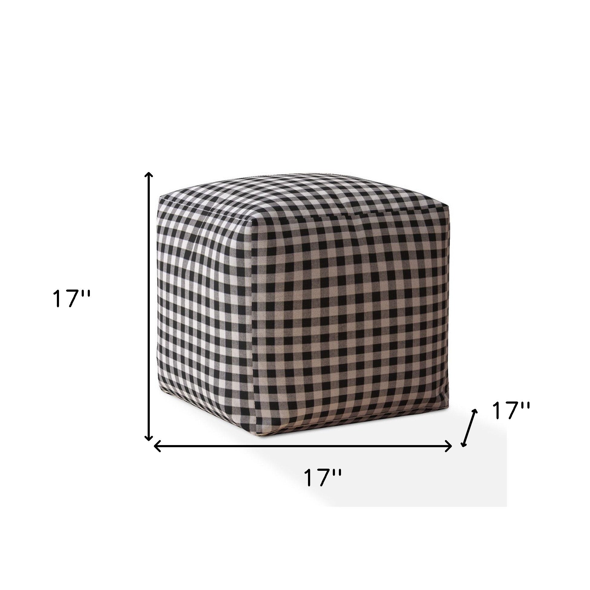 17" Gray and Black Cotton Gingham Pouf Ottoman