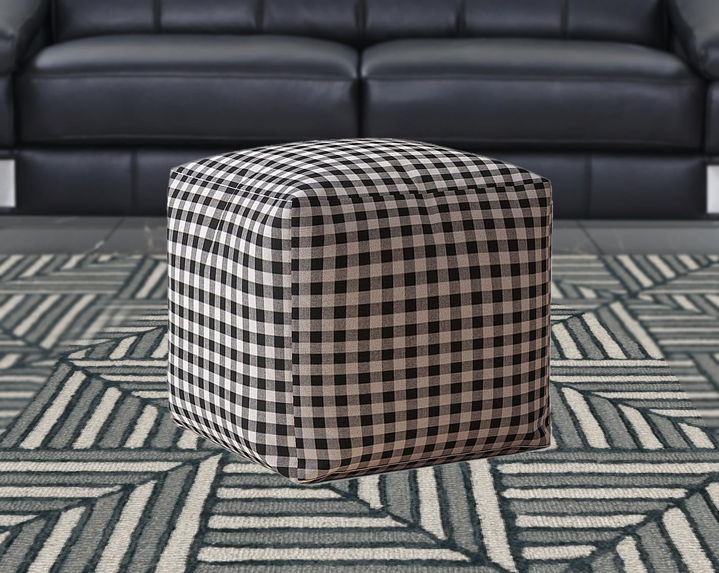 17" Gray and Black Cotton Gingham Pouf Ottoman