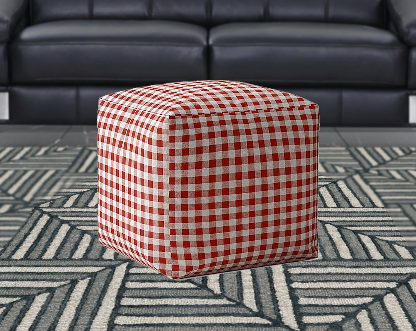 17" Red and White Cotton Gingham Pouf Ottoman