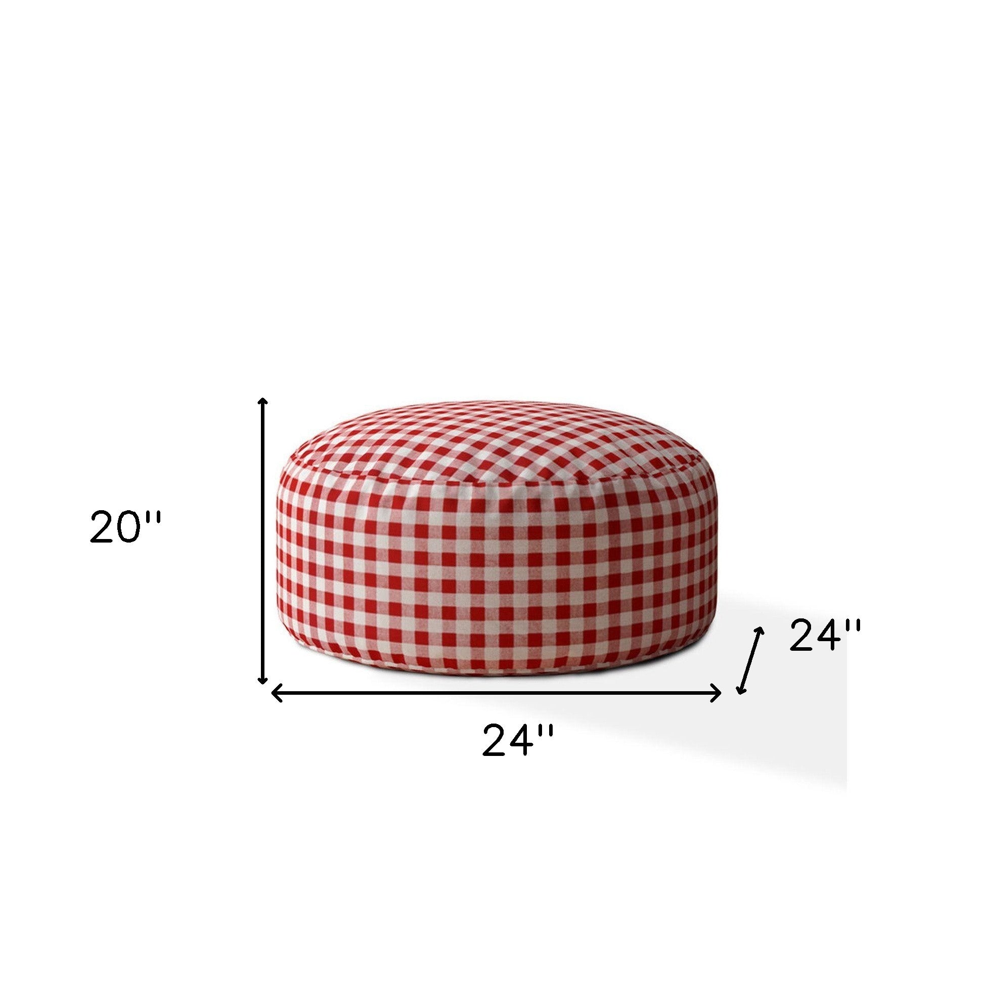 24" Red and White Cotton Round Gingham Pouf Ottoman