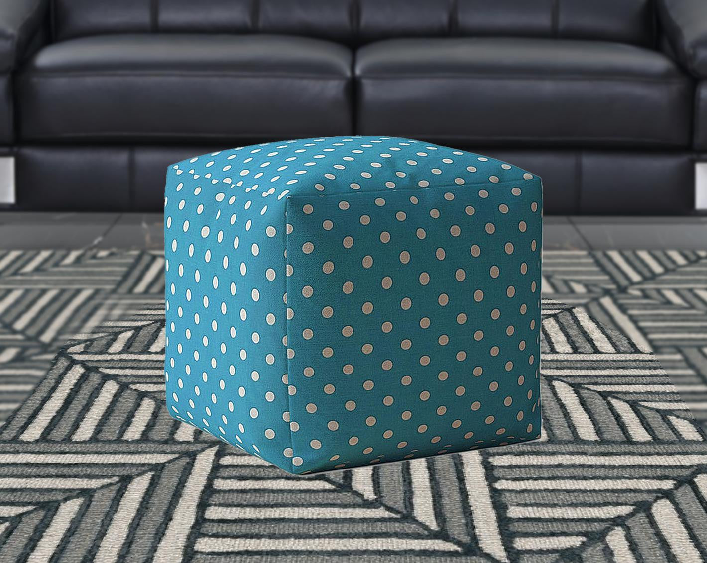 17" Blue Cotton Polka Dots Pouf Ottoman