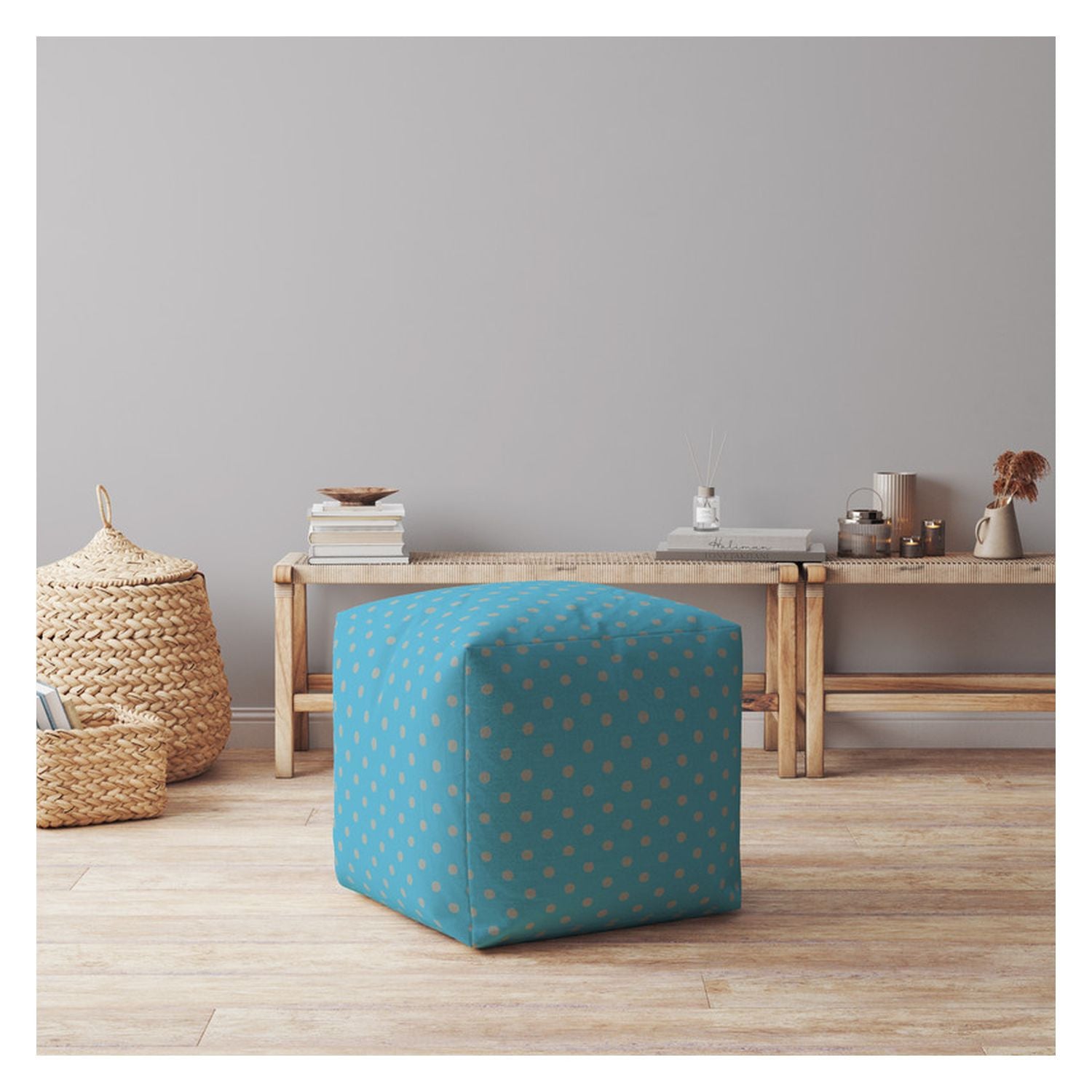 17" Blue Cotton Polka Dots Pouf Ottoman