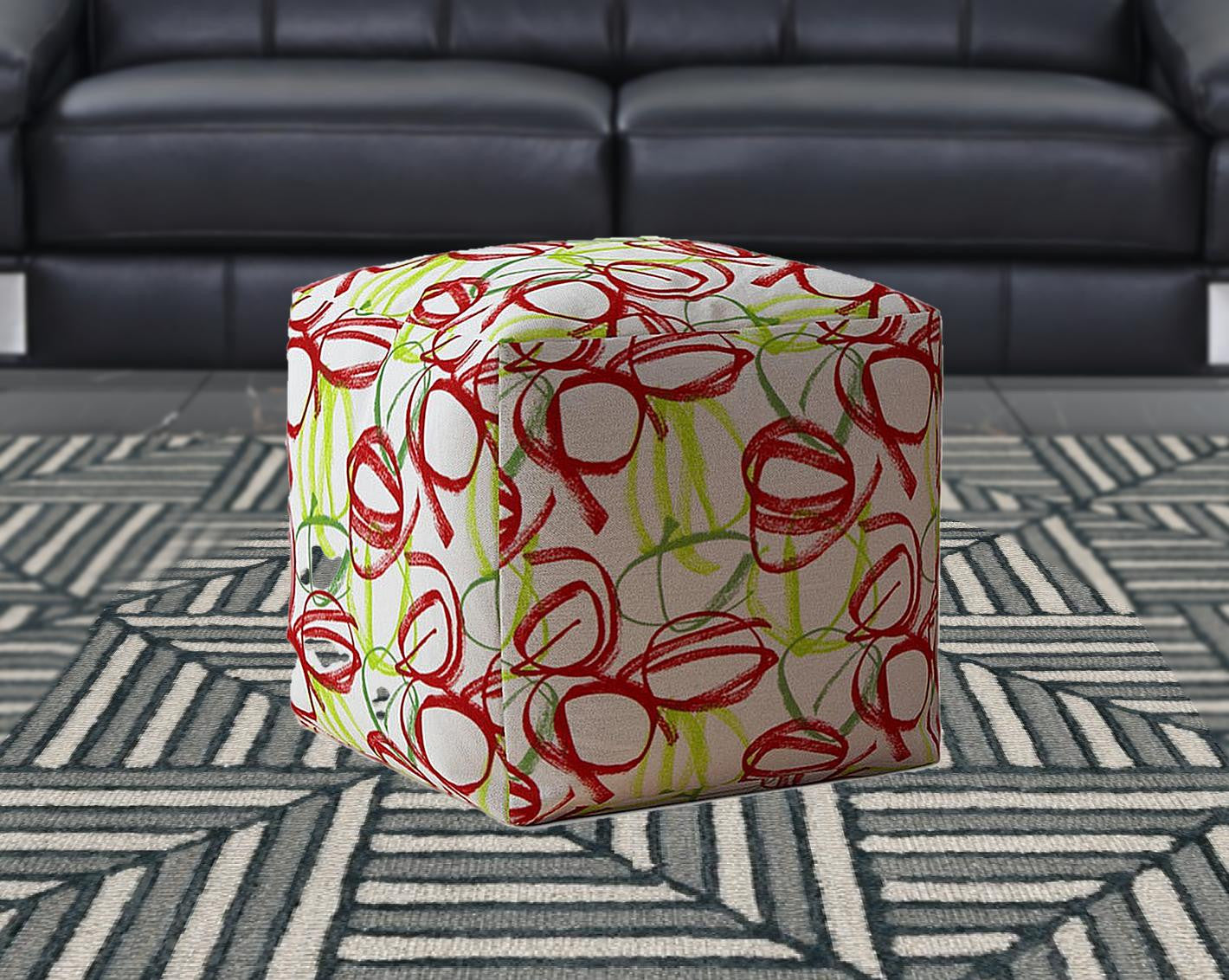 17" Red and White Cotton Abstract Pouf Ottoman