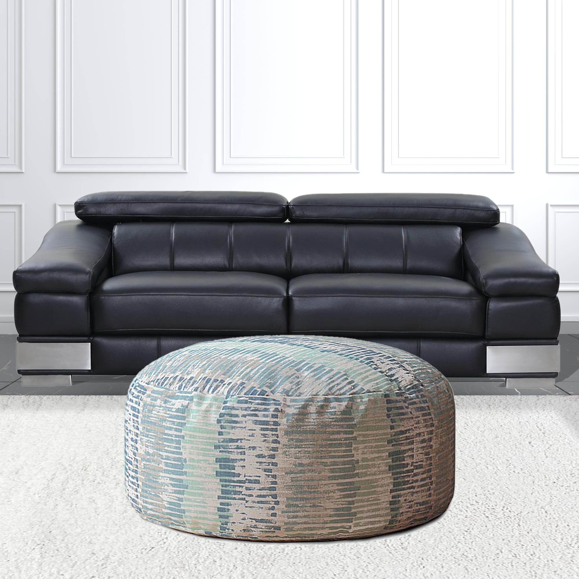 24" Blue Canvas Round Abstract Pouf Ottoman