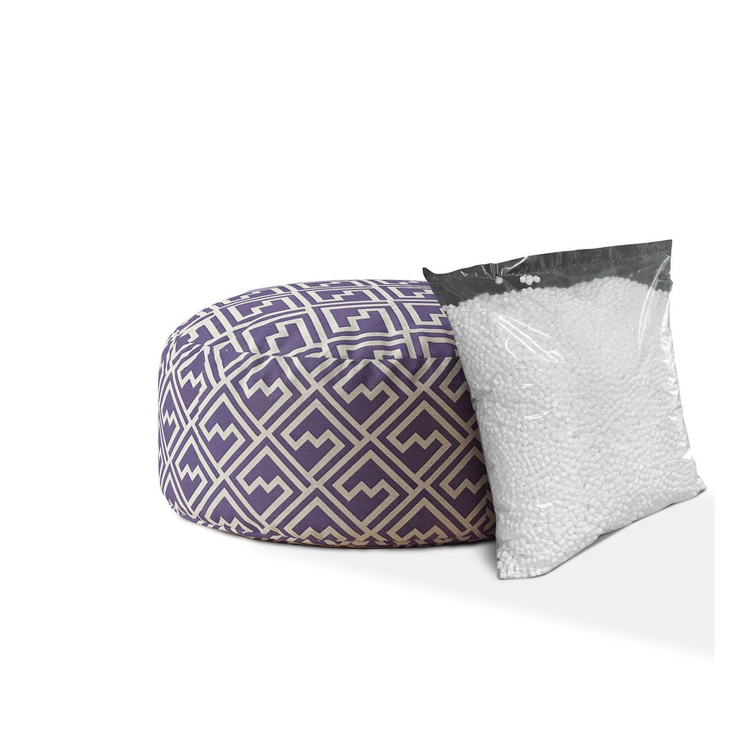 24" Purple and White Cotton Round Damask Pouf Ottoman