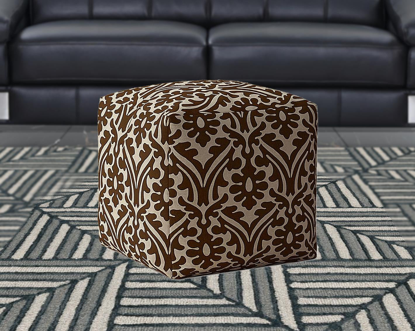 17" Brown Cotton Damask Pouf Ottoman