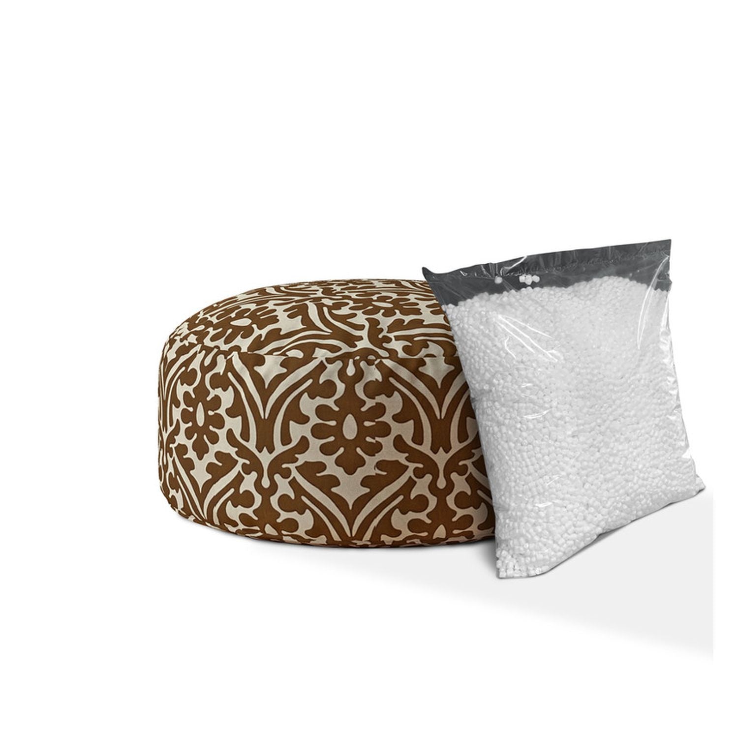 24" Brown Cotton Round Damask Pouf Ottoman