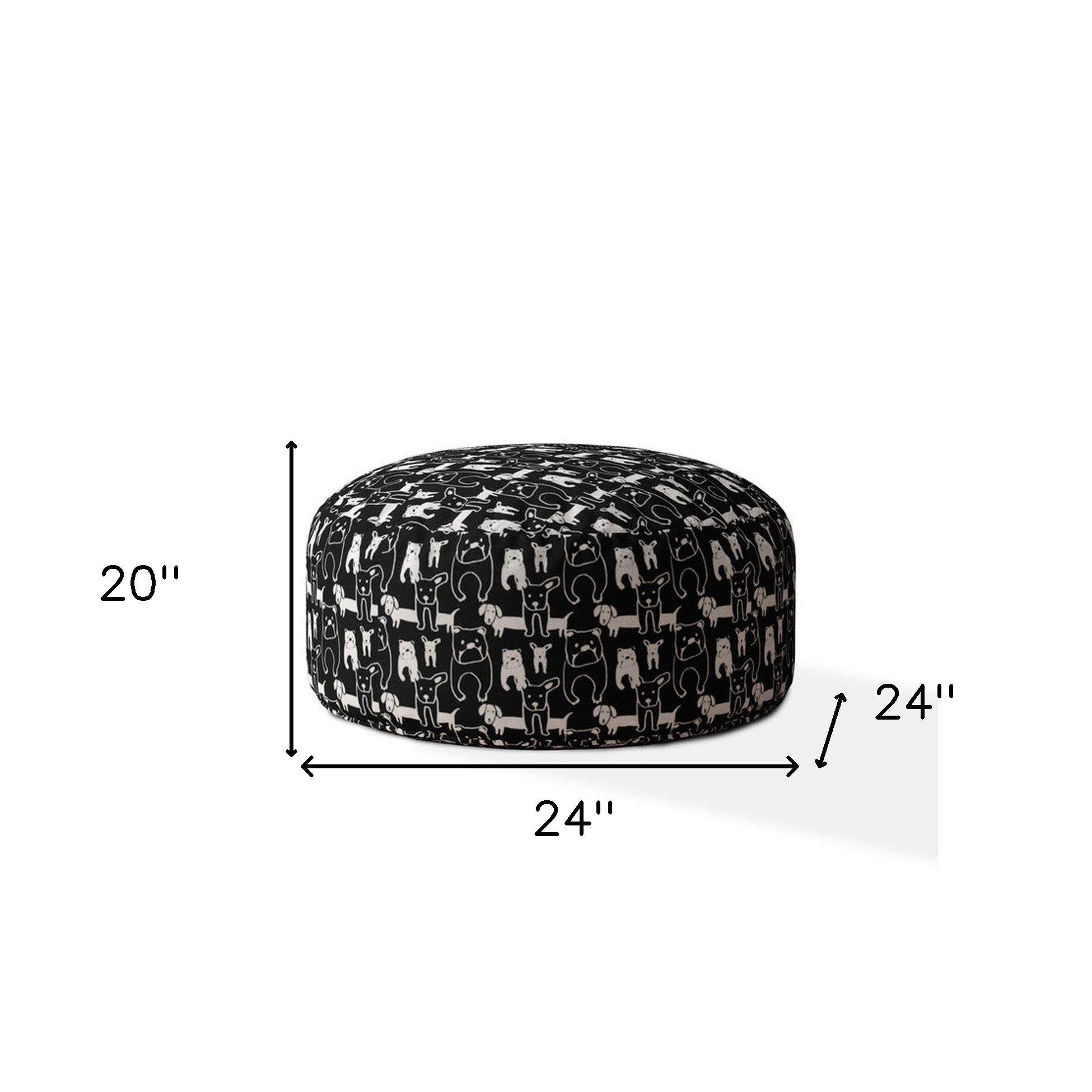 24" Black And White Cotton Round Dog Pouf Cover