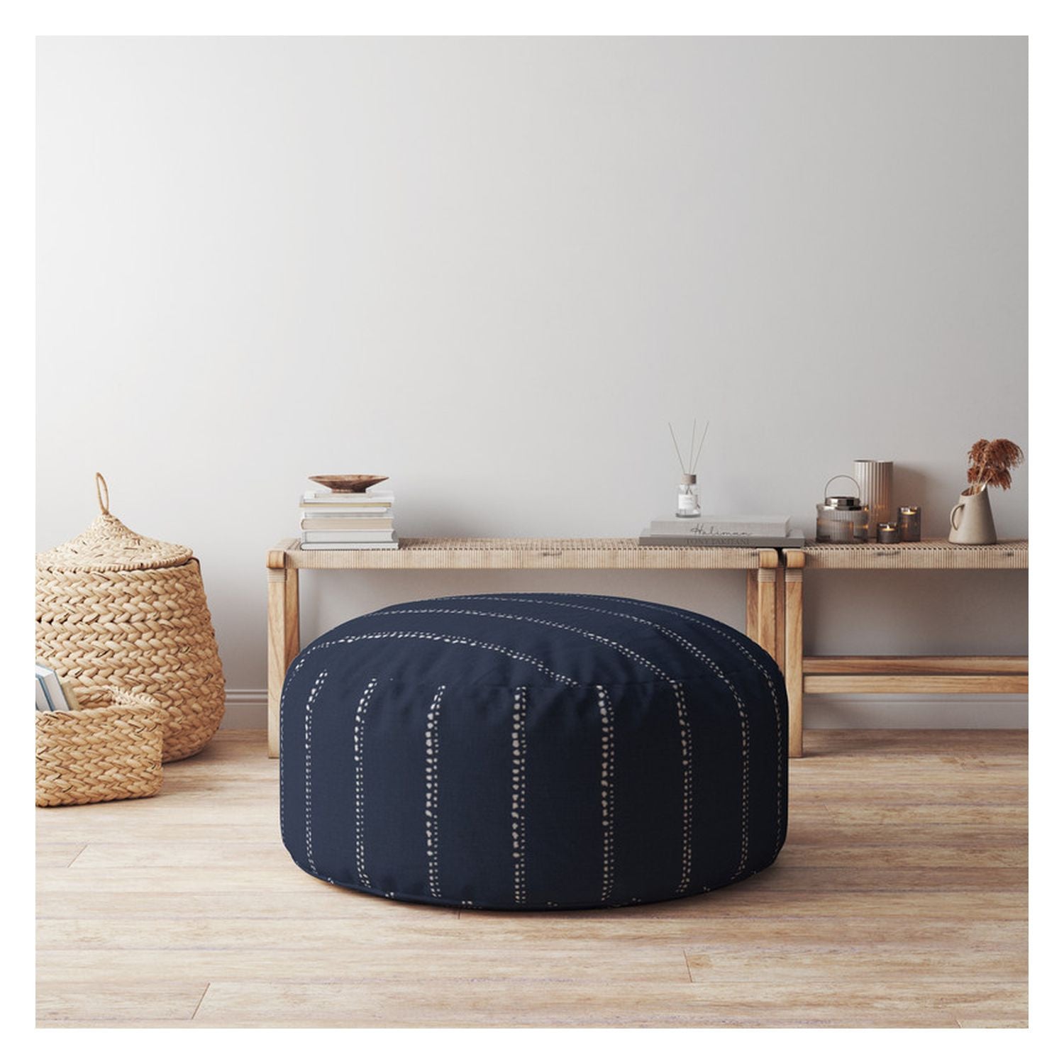 24" Blue Cotton Round Striped Pouf Cover