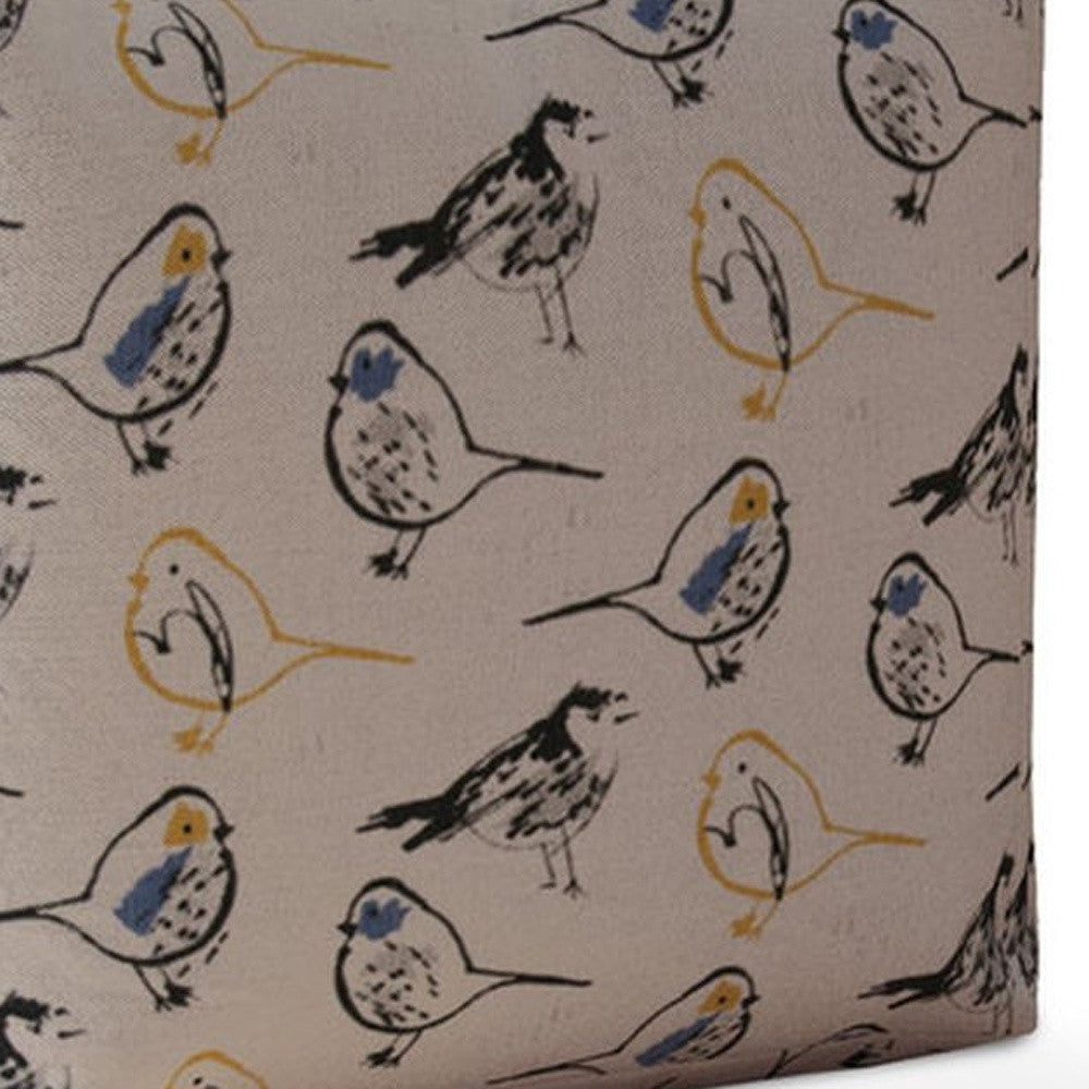 17" Yellow And White Canvas Birds Pouf Cover